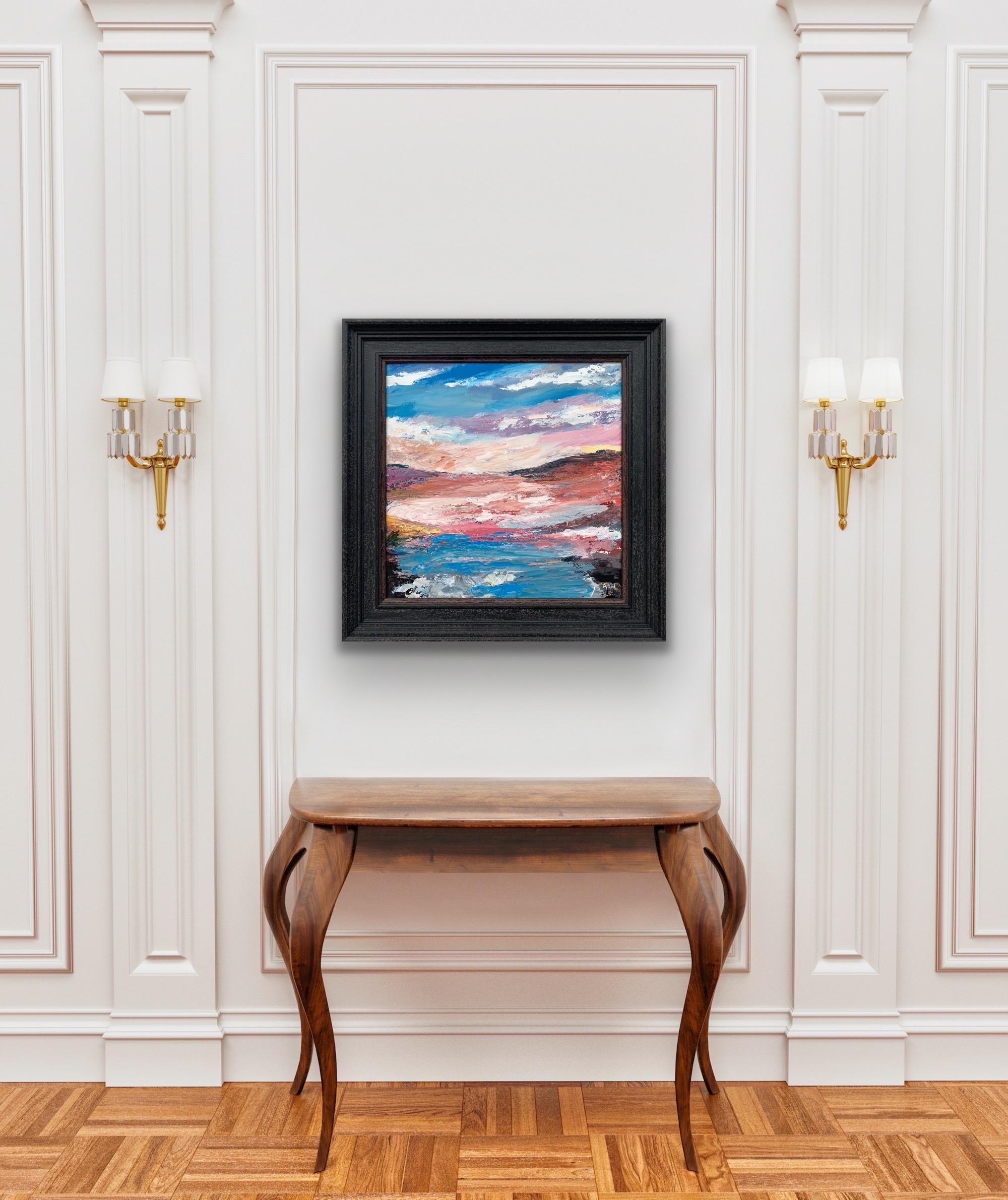 Expresivo paisaje marino lacustre abstracto rosa y azul de un artista británico contemporáneo - Landscape Painting Negro de Angela Wakefield
