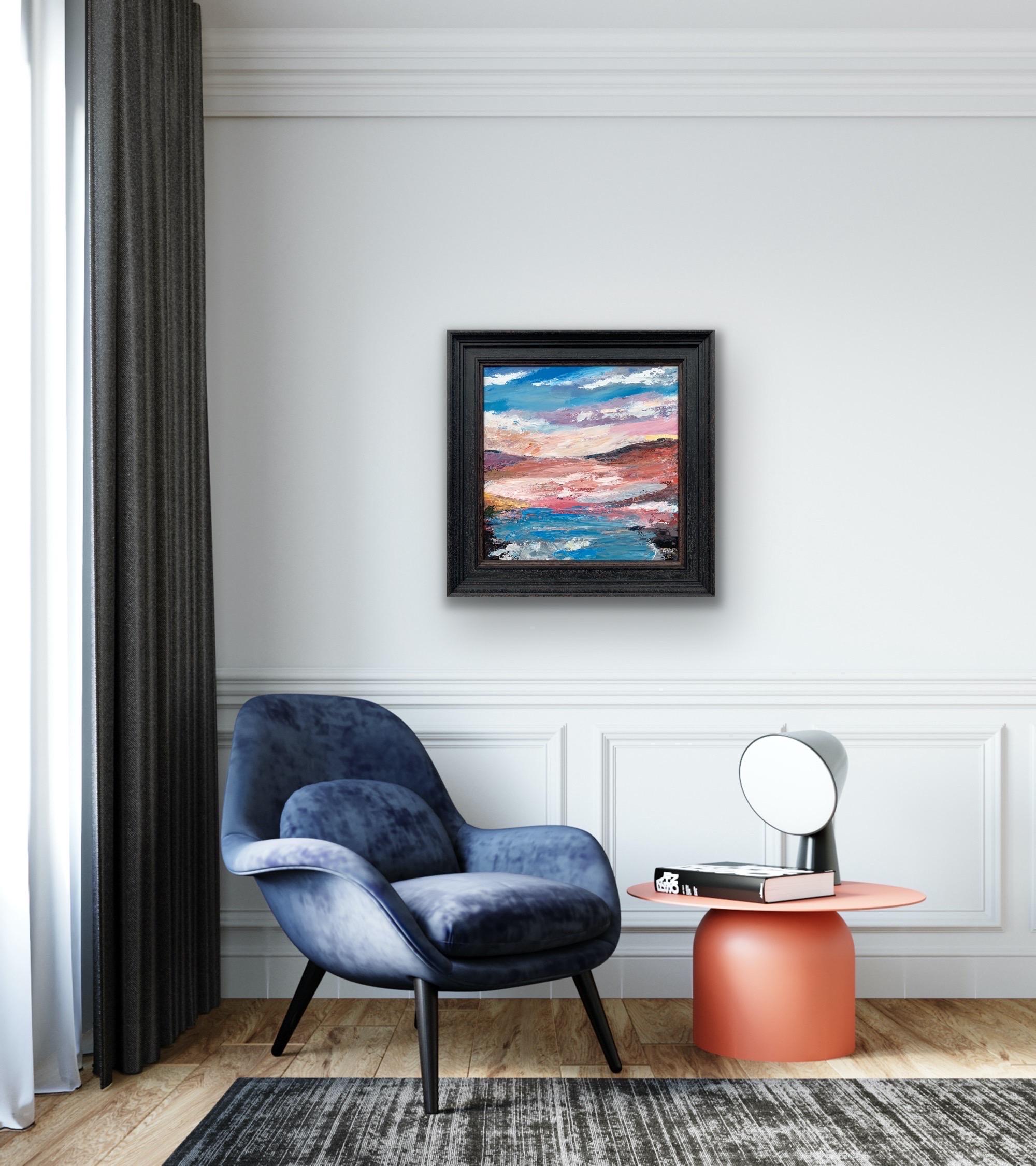 Expresivo paisaje marino lacustre abstracto rosa y azul de la artista británica contemporánea Angela Wakefield

Medidas de la obra 20 x 20 pulgadas
El marco mide 26 x 26 pulgadas

Este cuadro es un paisaje abstracto de pincelada dinámica, con una