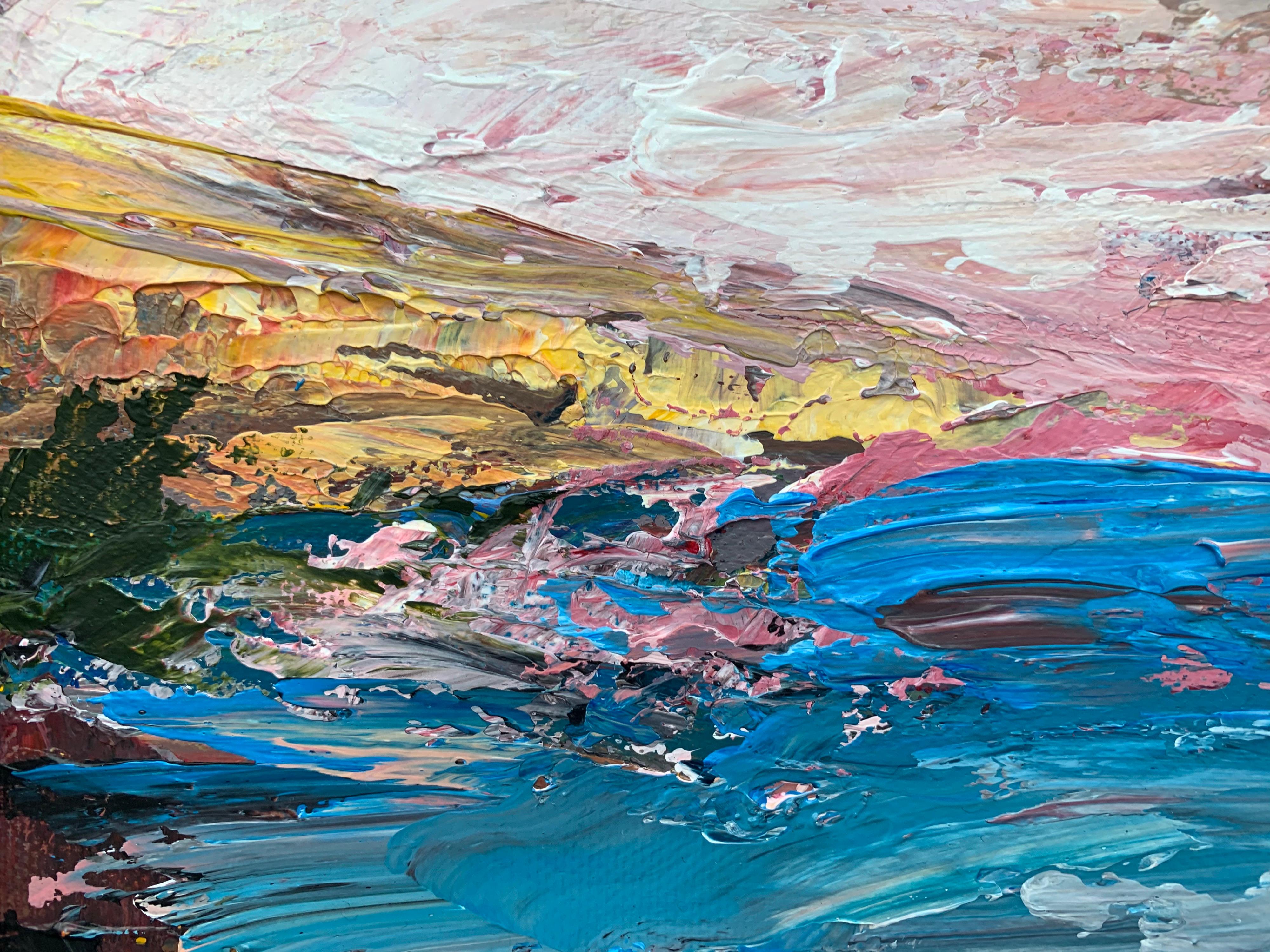 Pink & Blue Expressive Abstract Lake Seascape by Contemporary British Artist - Abstract Expressionist Painting by Angela Wakefield