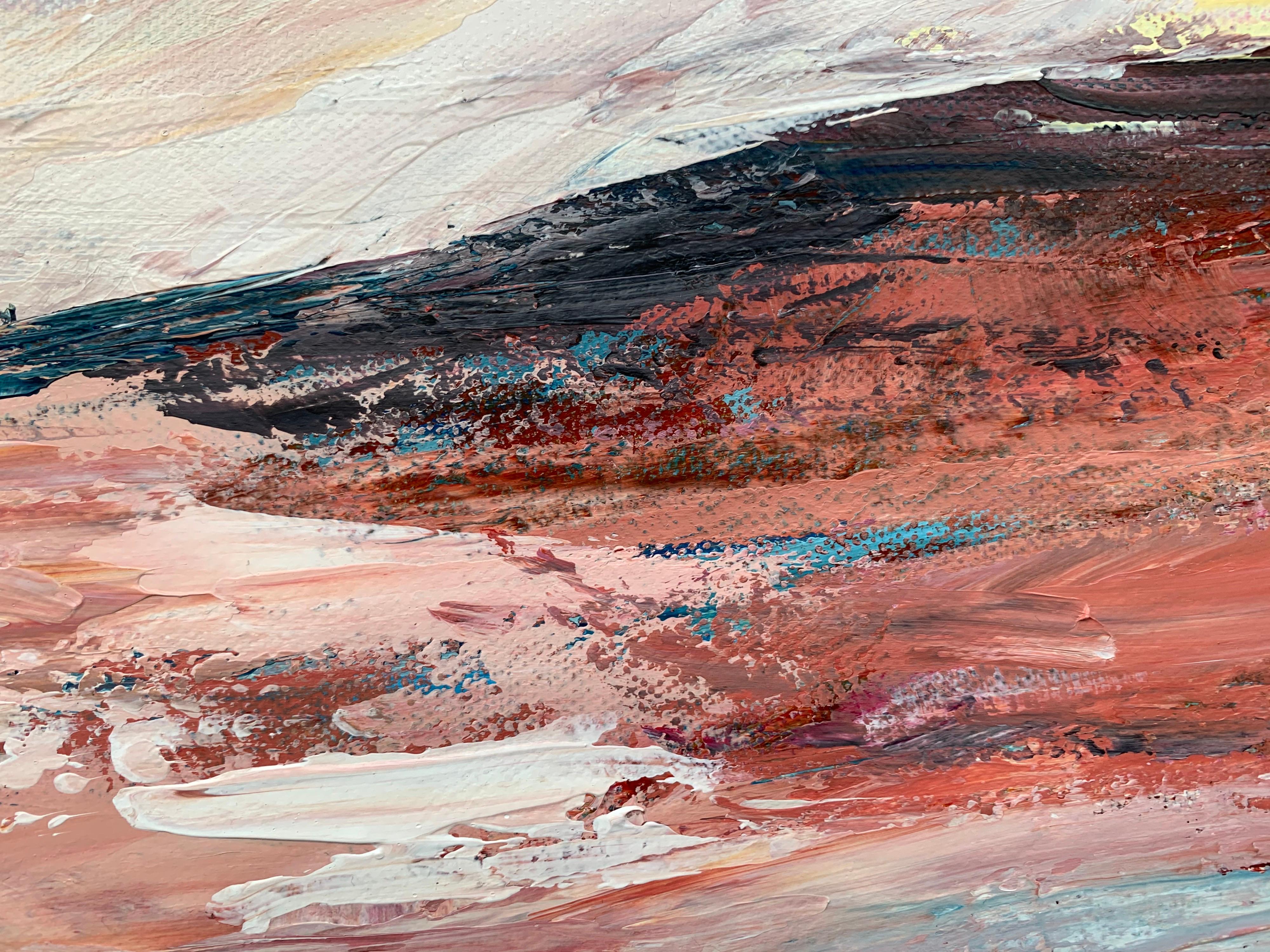 Pink & Blue Expressive Abstract Lake Seascape by Contemporary British Artist - Black Landscape Painting by Angela Wakefield