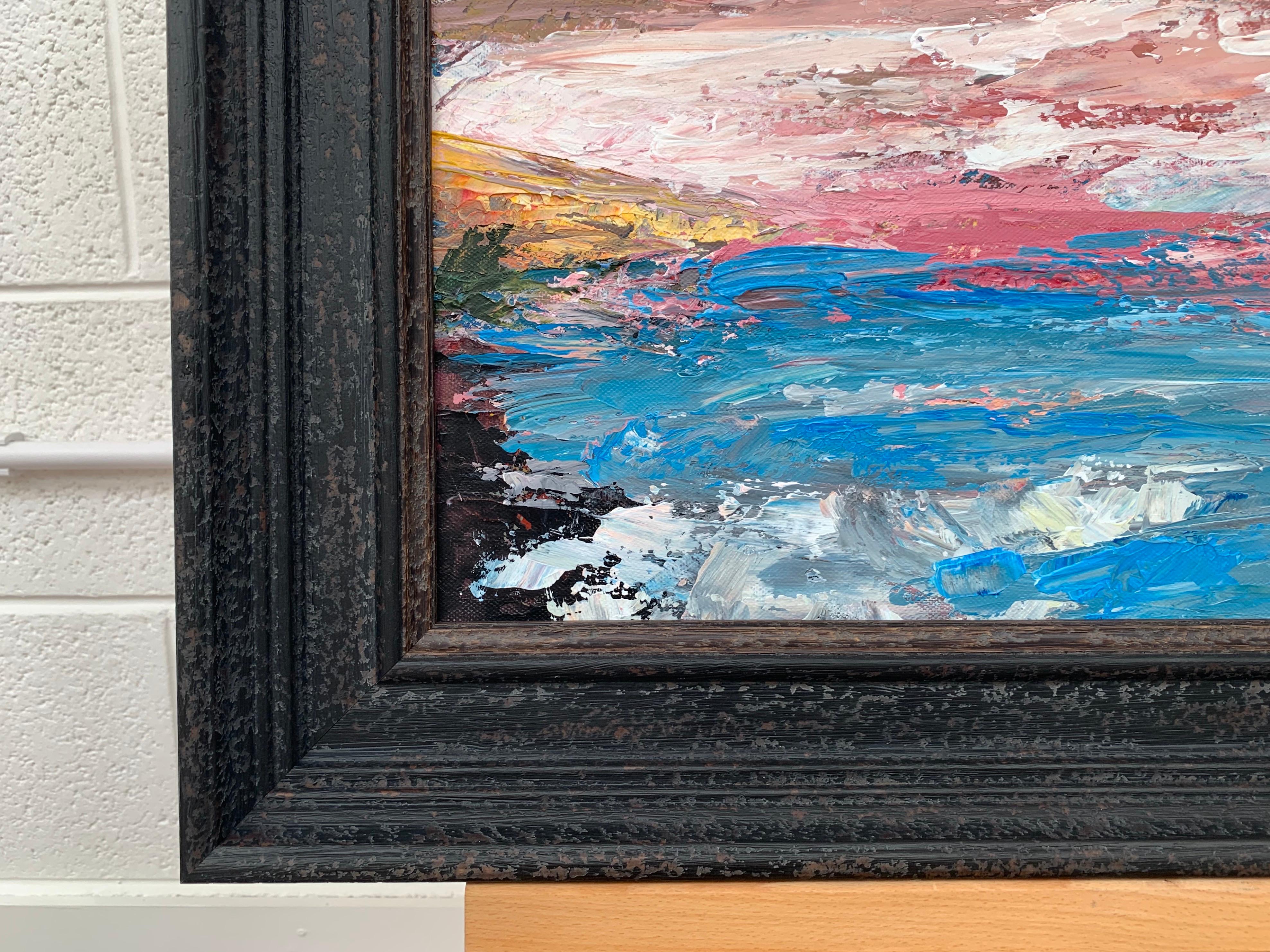 Pink & Blue Expressive Abstract Lake Seascape by Contemporary British Artist For Sale 1