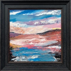 Pink & Blue Expressive Abstract Lake Seascape by Contemporary British Artist