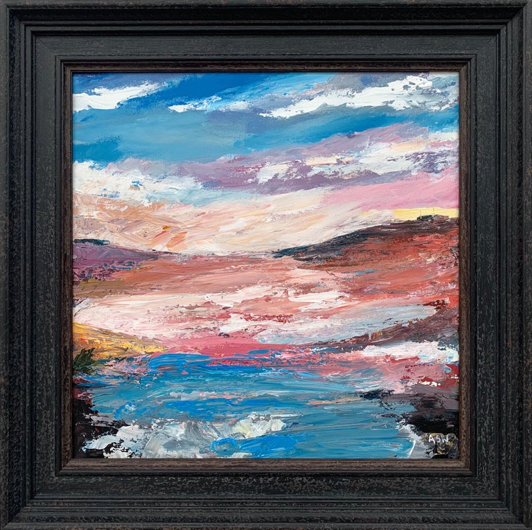 Angela Wakefield Landscape Painting - Pink & Blue Expressive Abstract Lake Seascape by Contemporary British Artist