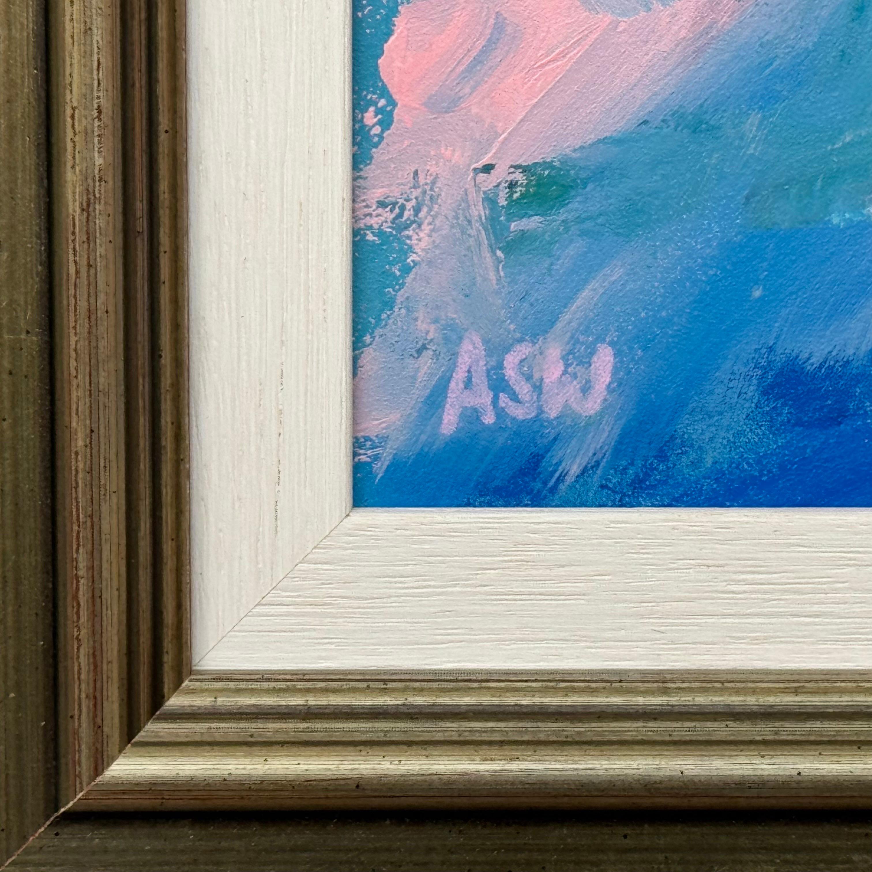 Arte astratta rosa, blu e bianca in una cornice di bronzo dell'artista britannico contemporaneo in vendita 6