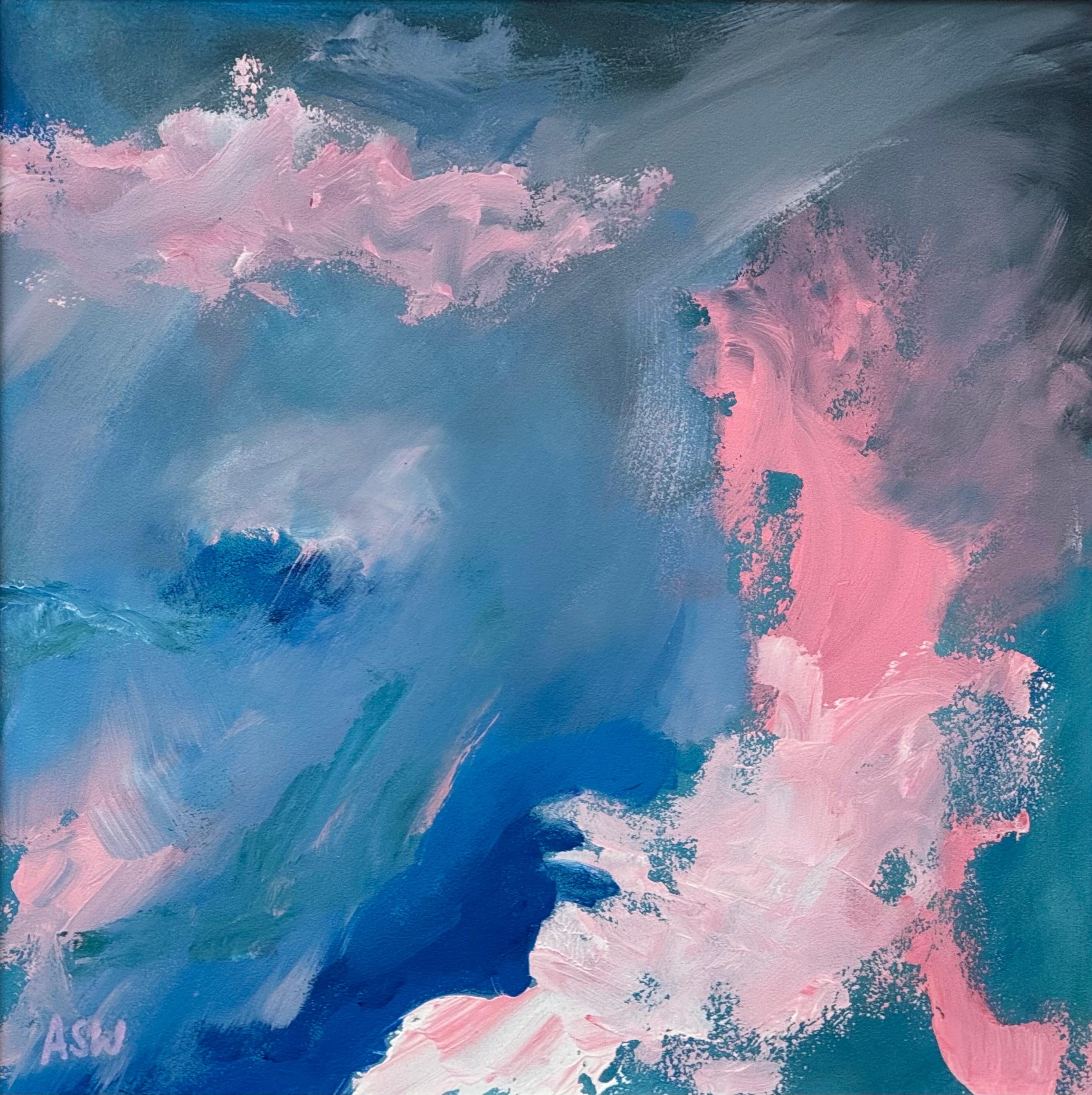 Arte astratta rosa, blu e bianca in una cornice di bronzo dell'artista britannico contemporaneo - Painting Astratto di Angela Wakefield