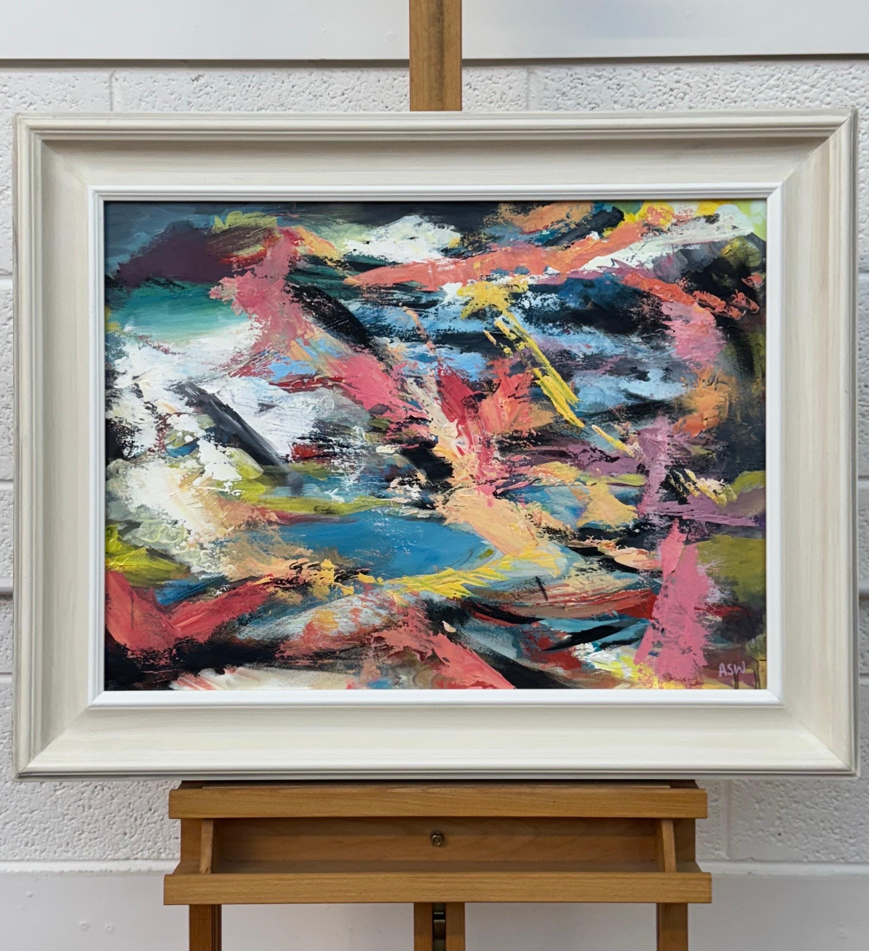 Arte espressionista astratta rosa, blu e gialla di un'artista britannica contemporanea in vendita 7