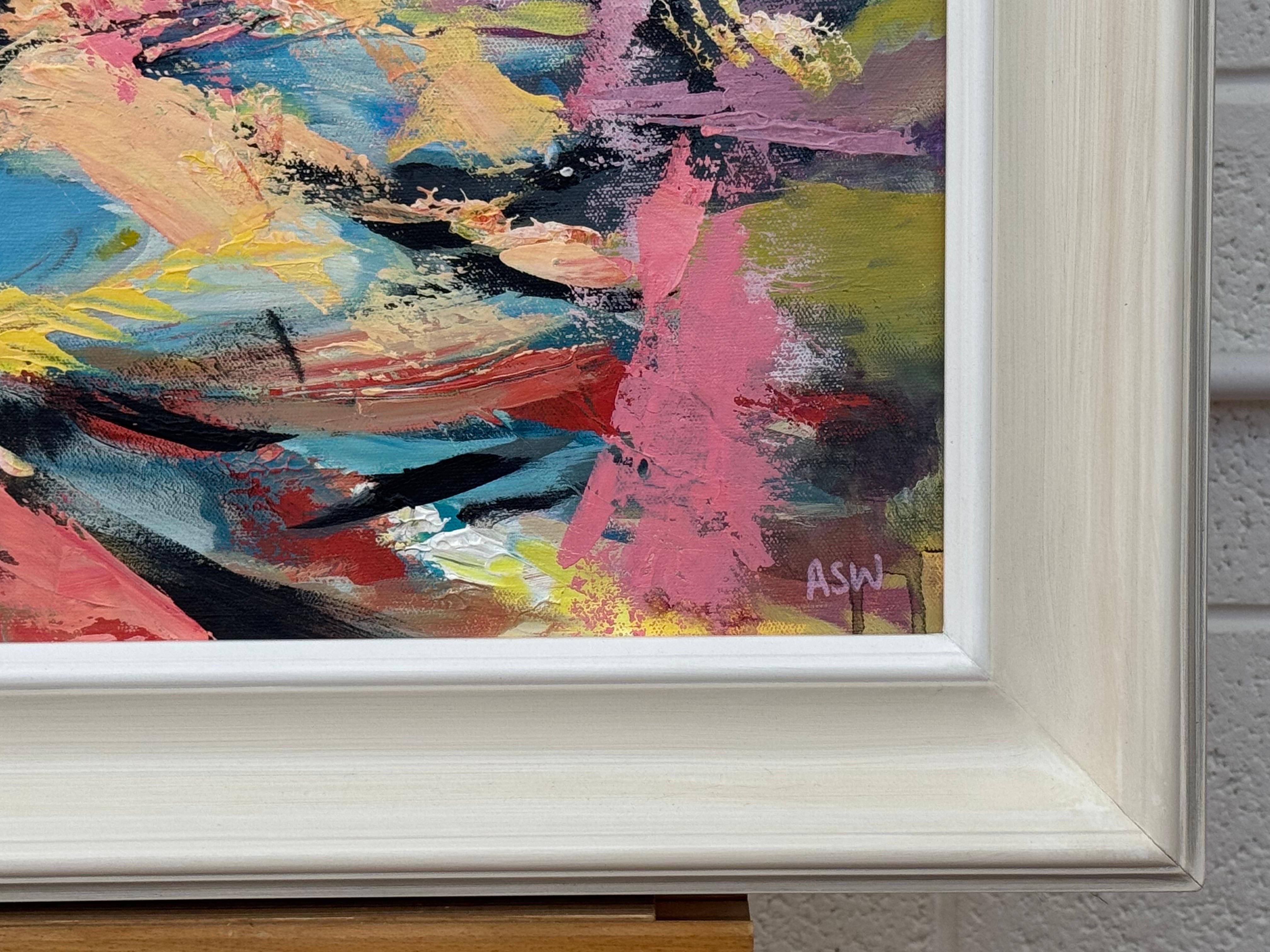 Arte espressionista astratta rosa, blu e gialla di un'artista britannica contemporanea in vendita 8