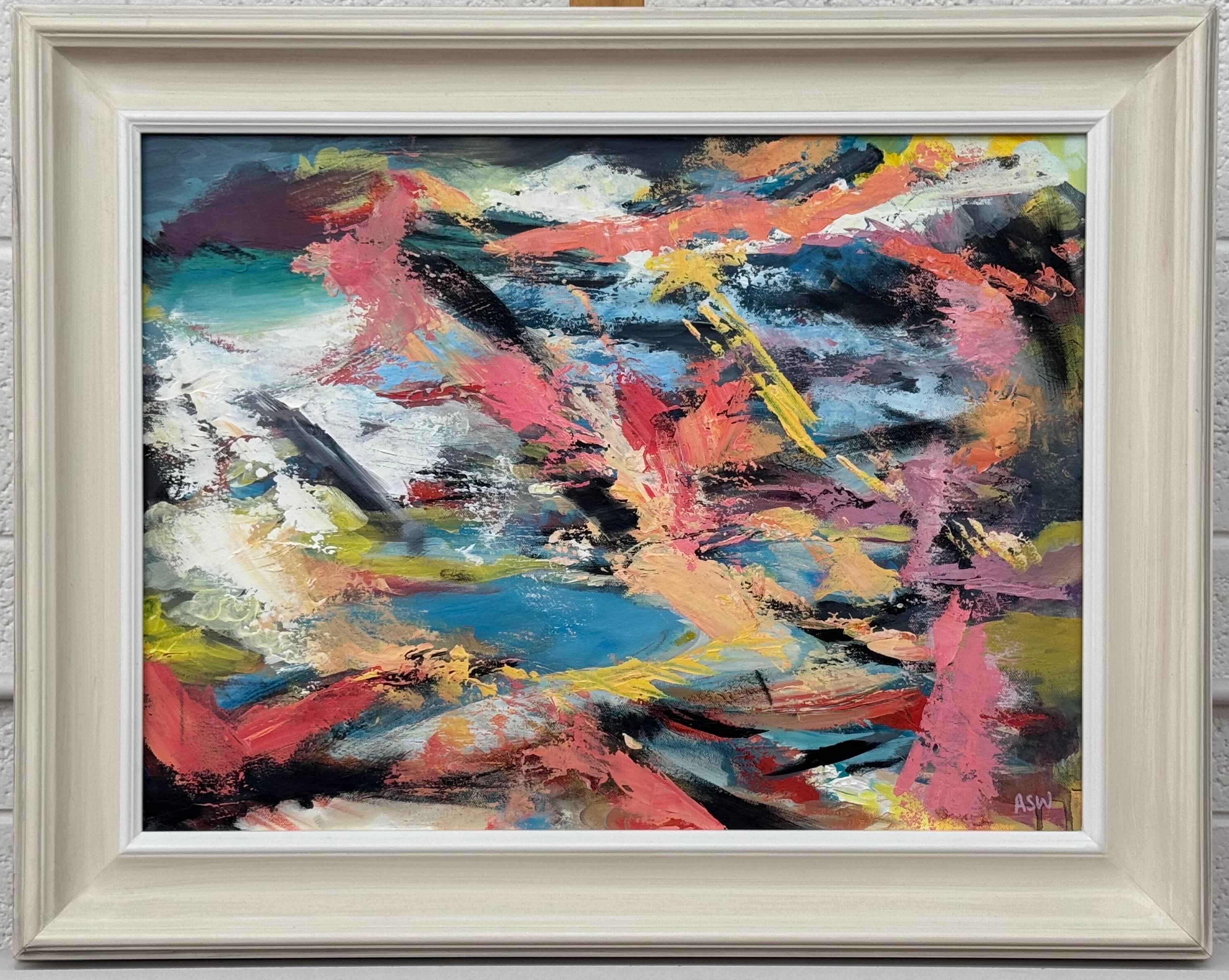 Arte espressionista astratta rosa, blu e gialla di un'artista britannica contemporanea in vendita 11