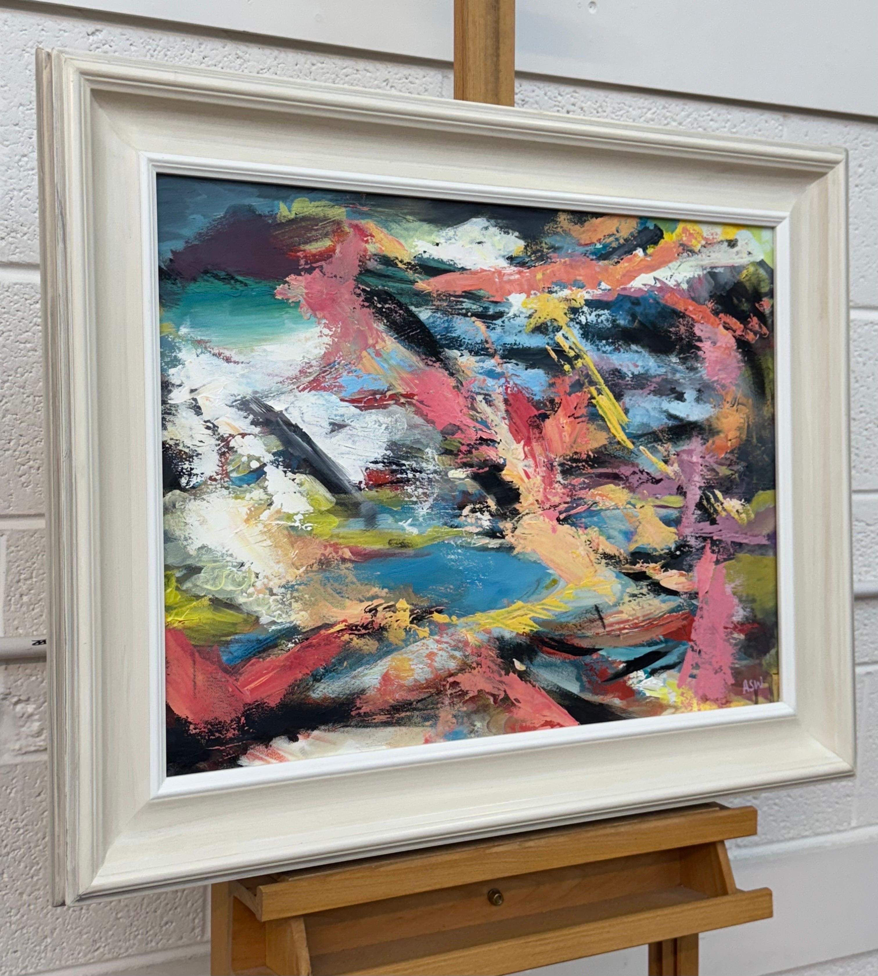 Arte espressionista astratta rosa, blu e gialla di un'artista britannica contemporanea - Painting Astratto di Angela Wakefield