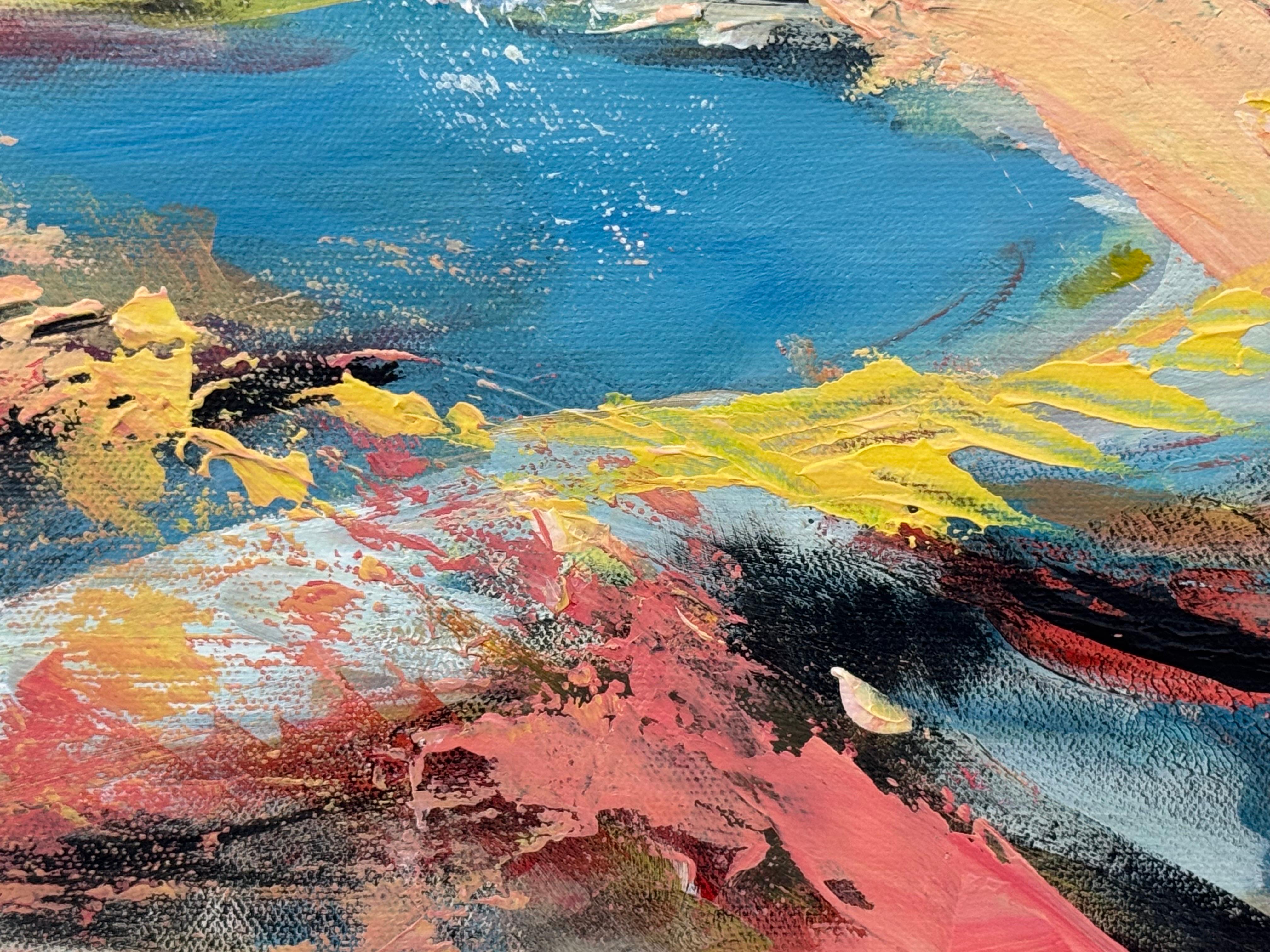 Arte espressionista astratta rosa, blu e gialla di un'artista britannica contemporanea in vendita 2