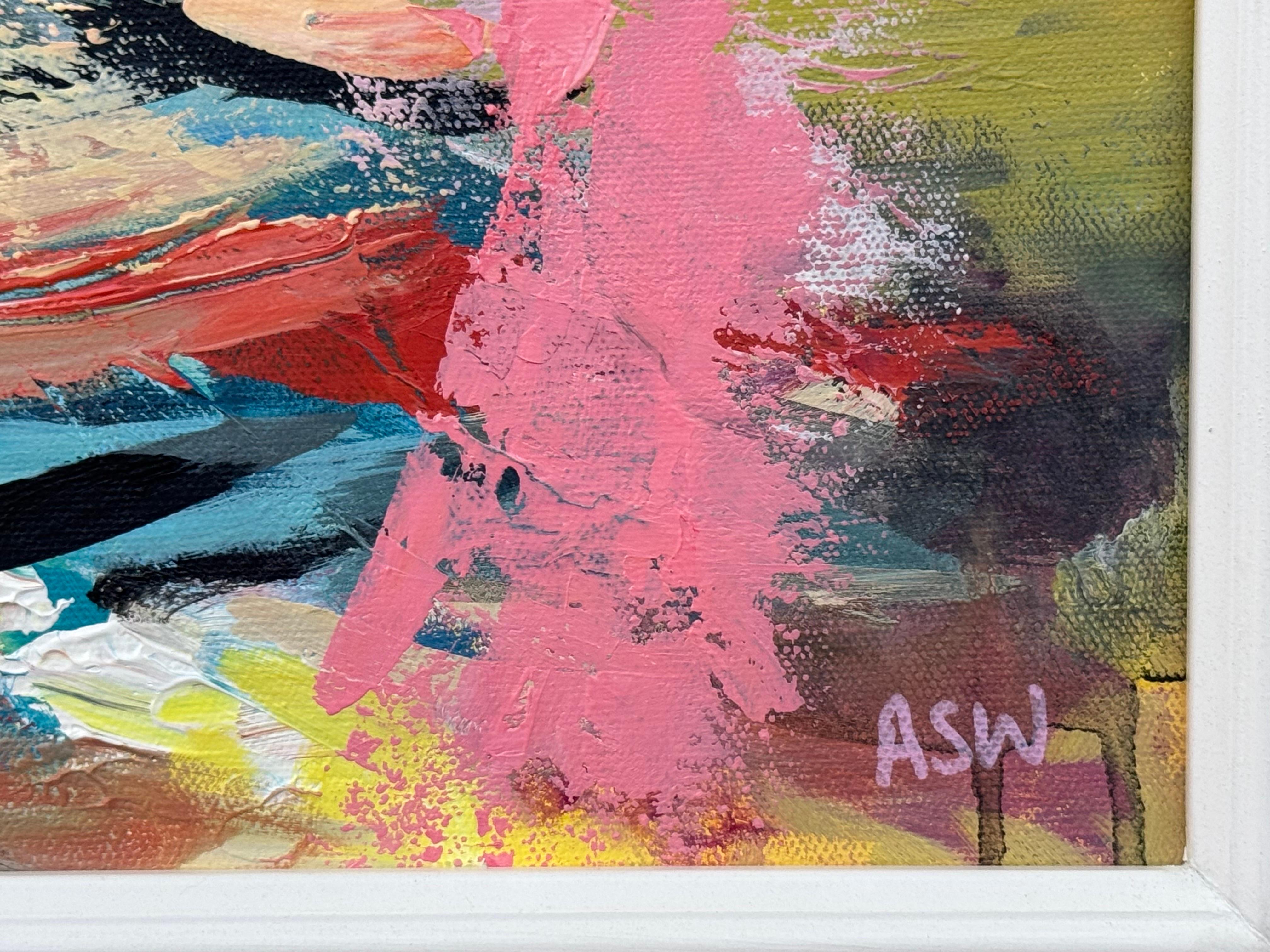 Arte espressionista astratta rosa, blu e gialla di un'artista britannica contemporanea in vendita 3