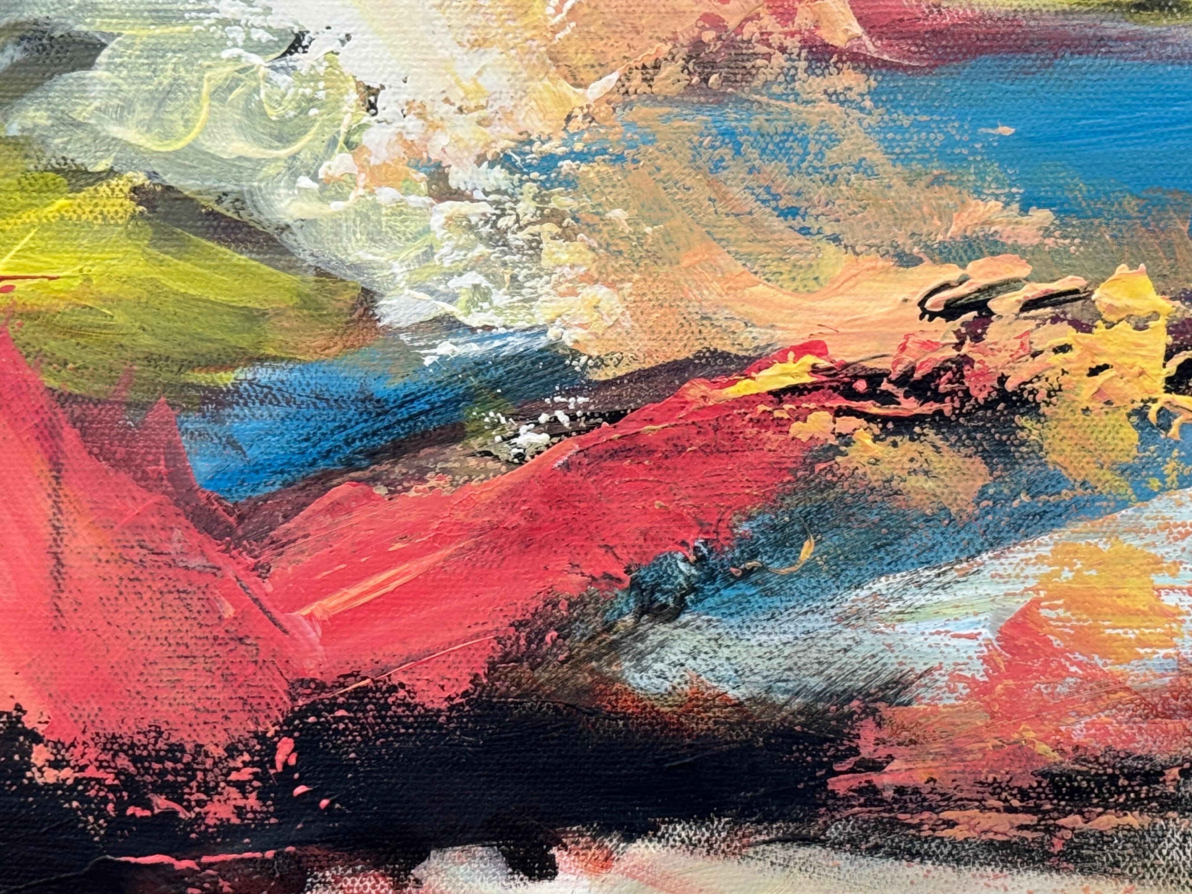 Arte espressionista astratta rosa, blu e gialla di un'artista britannica contemporanea in vendita 4