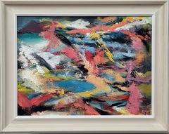Pink, Blue & Yellow Abstract Expressionist Art by Contemporary British Artist