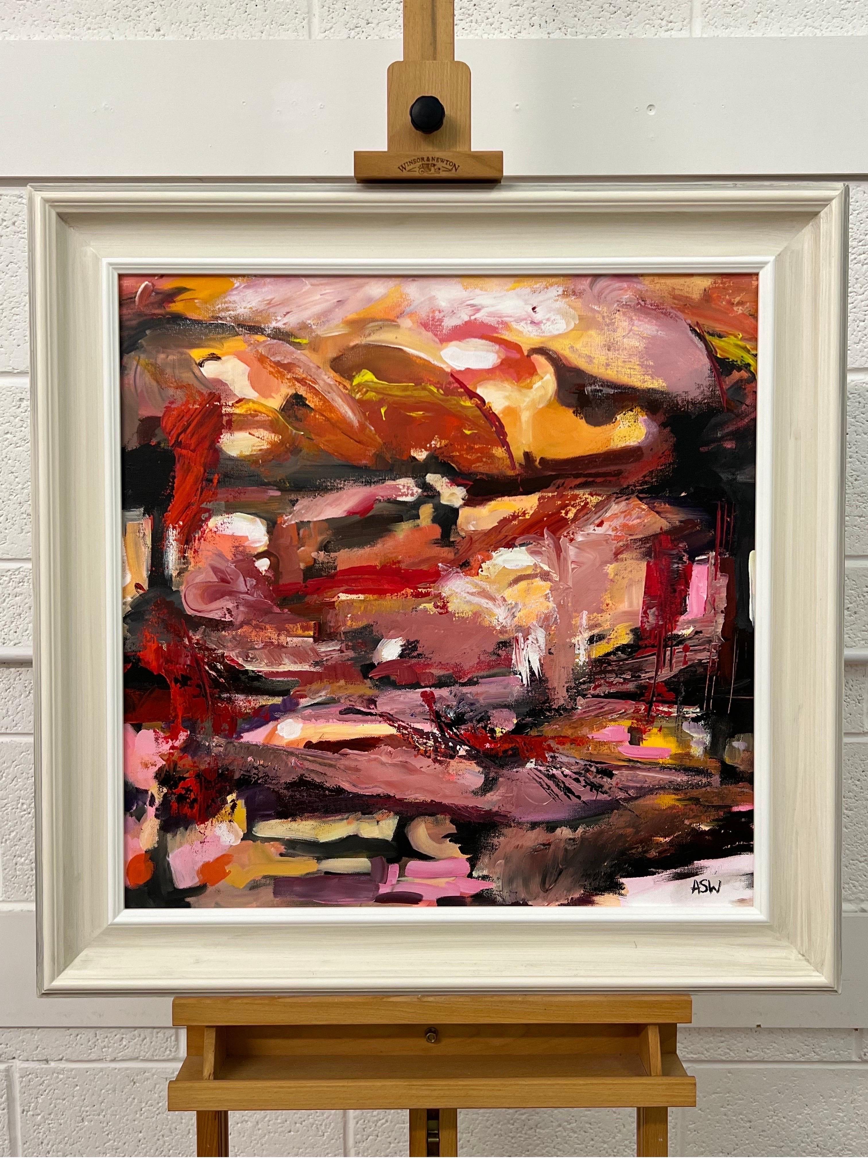 Abstract Expressionist Painting by Contemporary British Artist, Angela Wakefield, using rich pink, red, orange and black. 

Art measures 24 x 24 inches
Frame measures 29 x 29 inches

This painting, framed in a classic light-colored frame, showcases