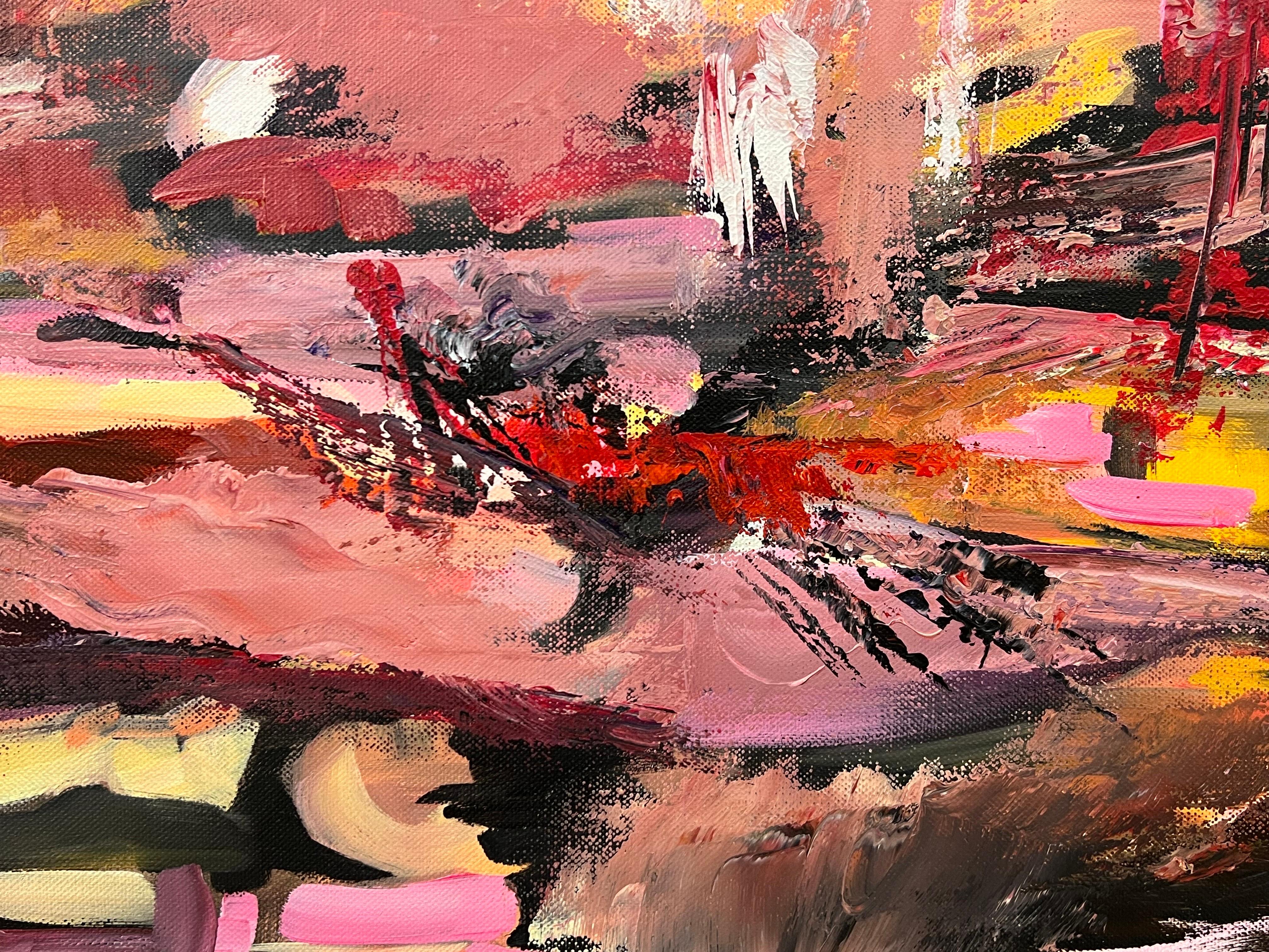 Pink Red & Orange Abstract Expressionist Painting by Contemporary British Artist For Sale 2