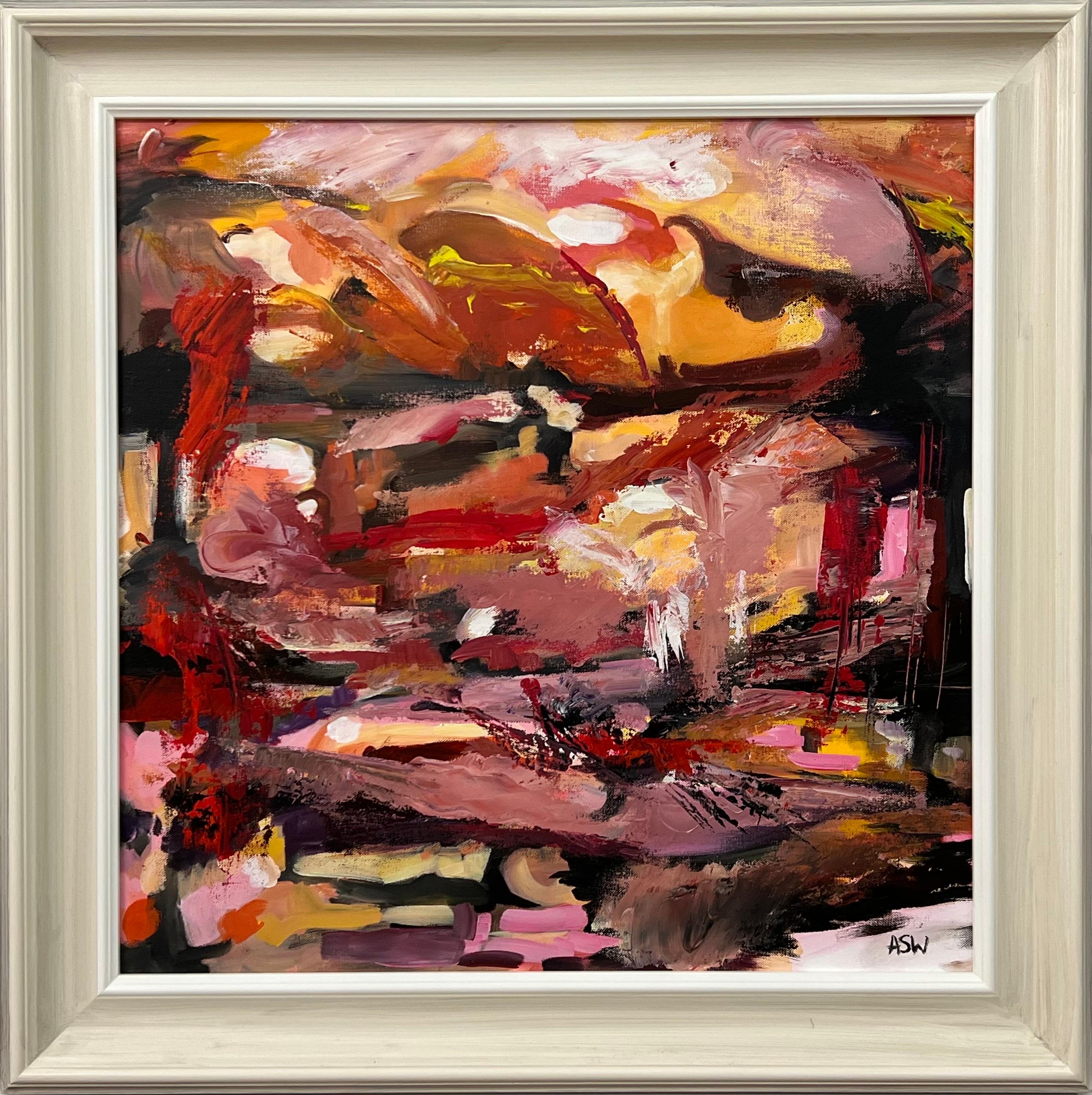 Peinture expressionniste abstraite rose, rouge et orange de l'artiste britannique contemporain