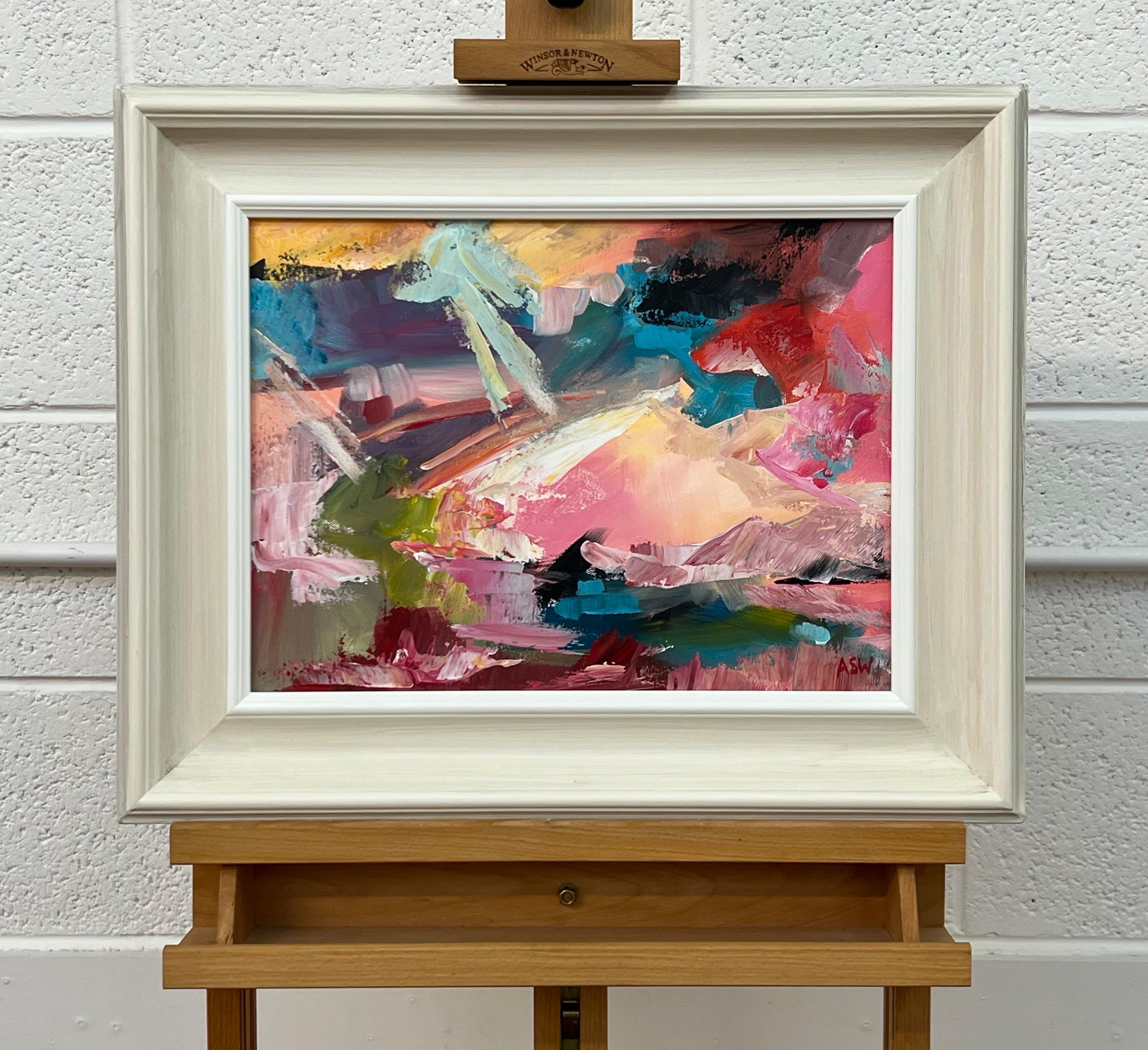 Pink & Turquoise Abstract Expressionist Painting by Contemporary British Artist For Sale 11
