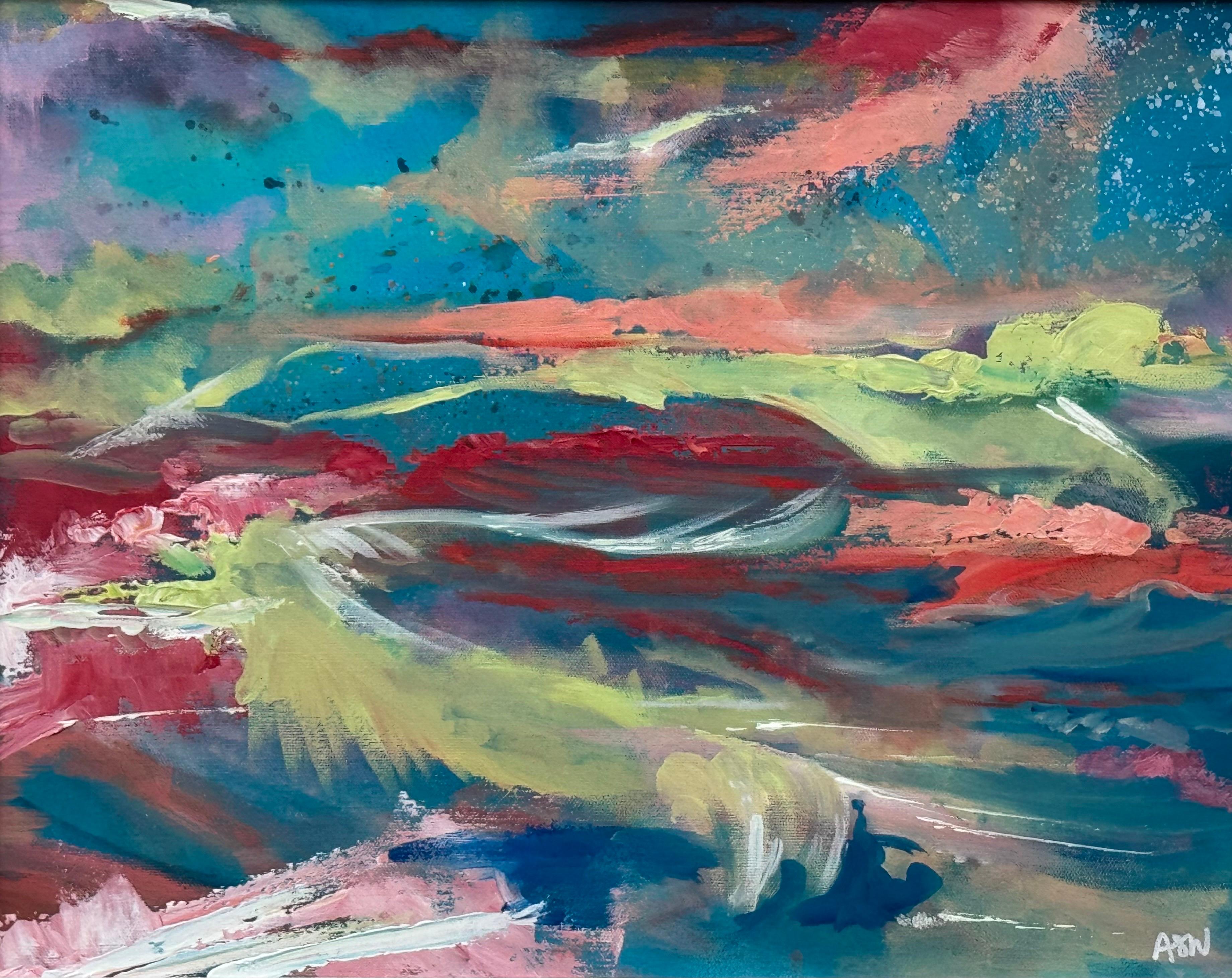 Pittura espressionista astratta rosa e turchese di un artista britannico contemporaneo in vendita 8