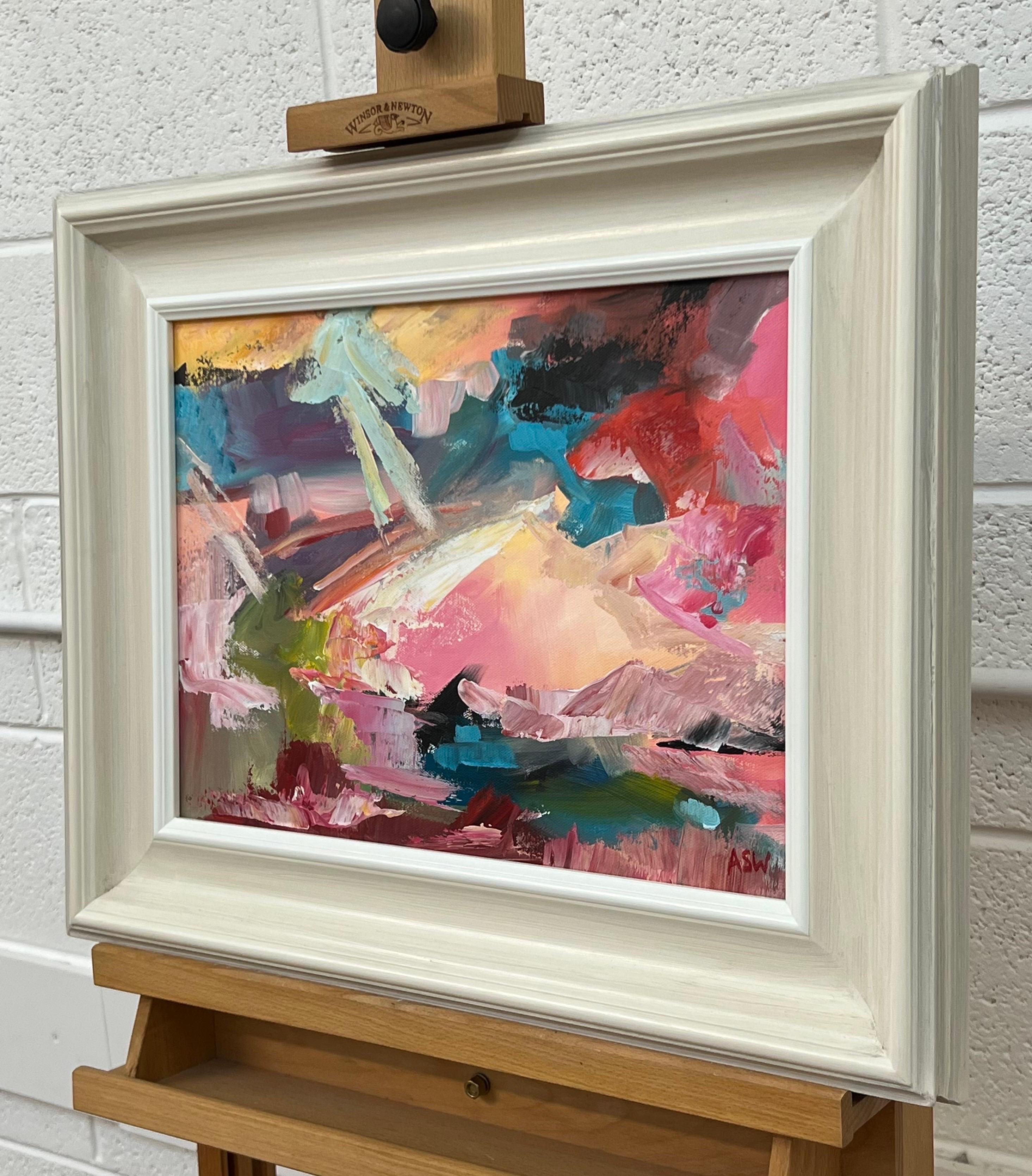 Pink & Turquoise Abstract Expressionist Painting by Contemporary British Artist For Sale 13