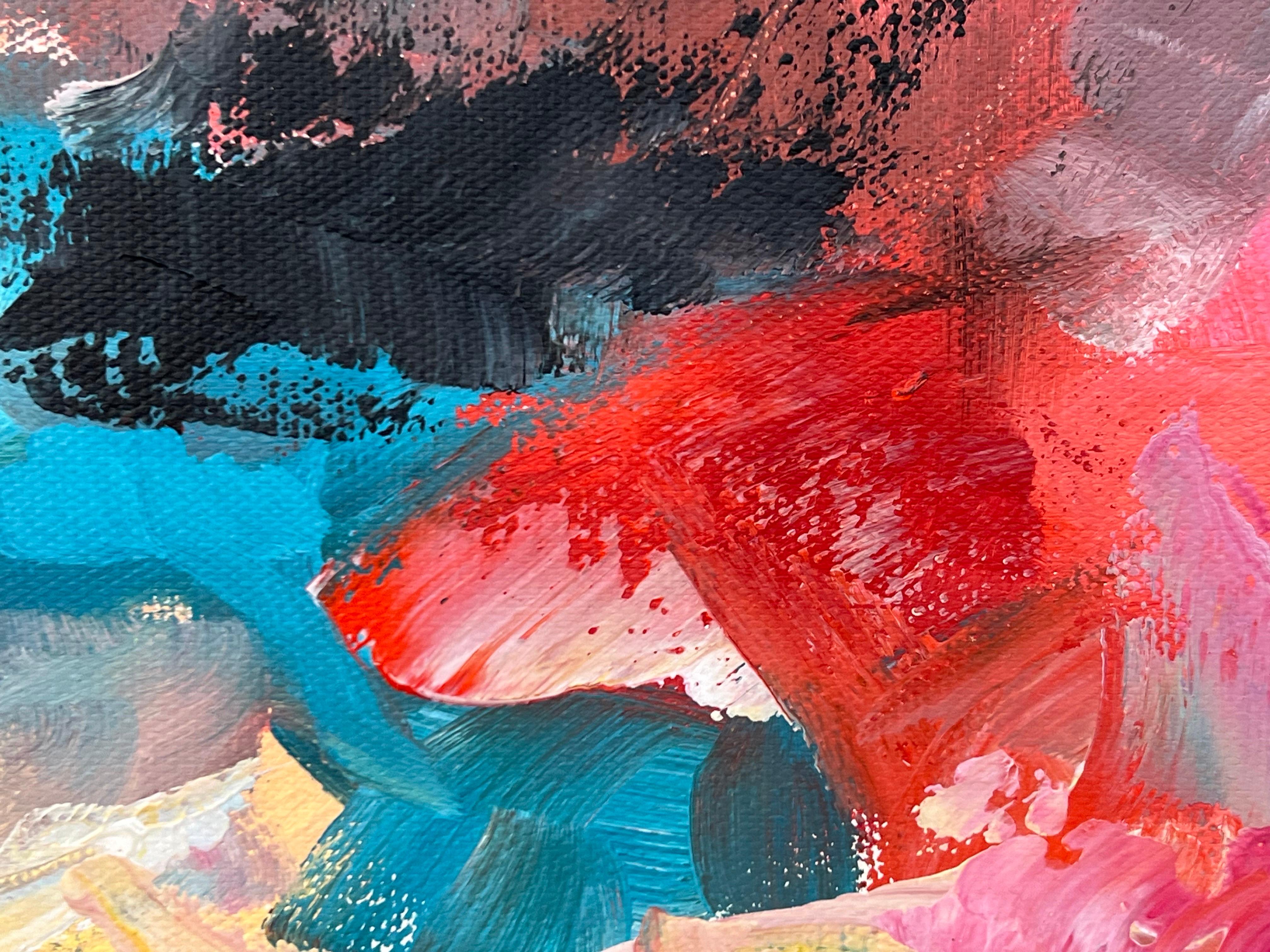Pink & Turquoise Abstract Expressionist Painting by Contemporary British Artist For Sale 14
