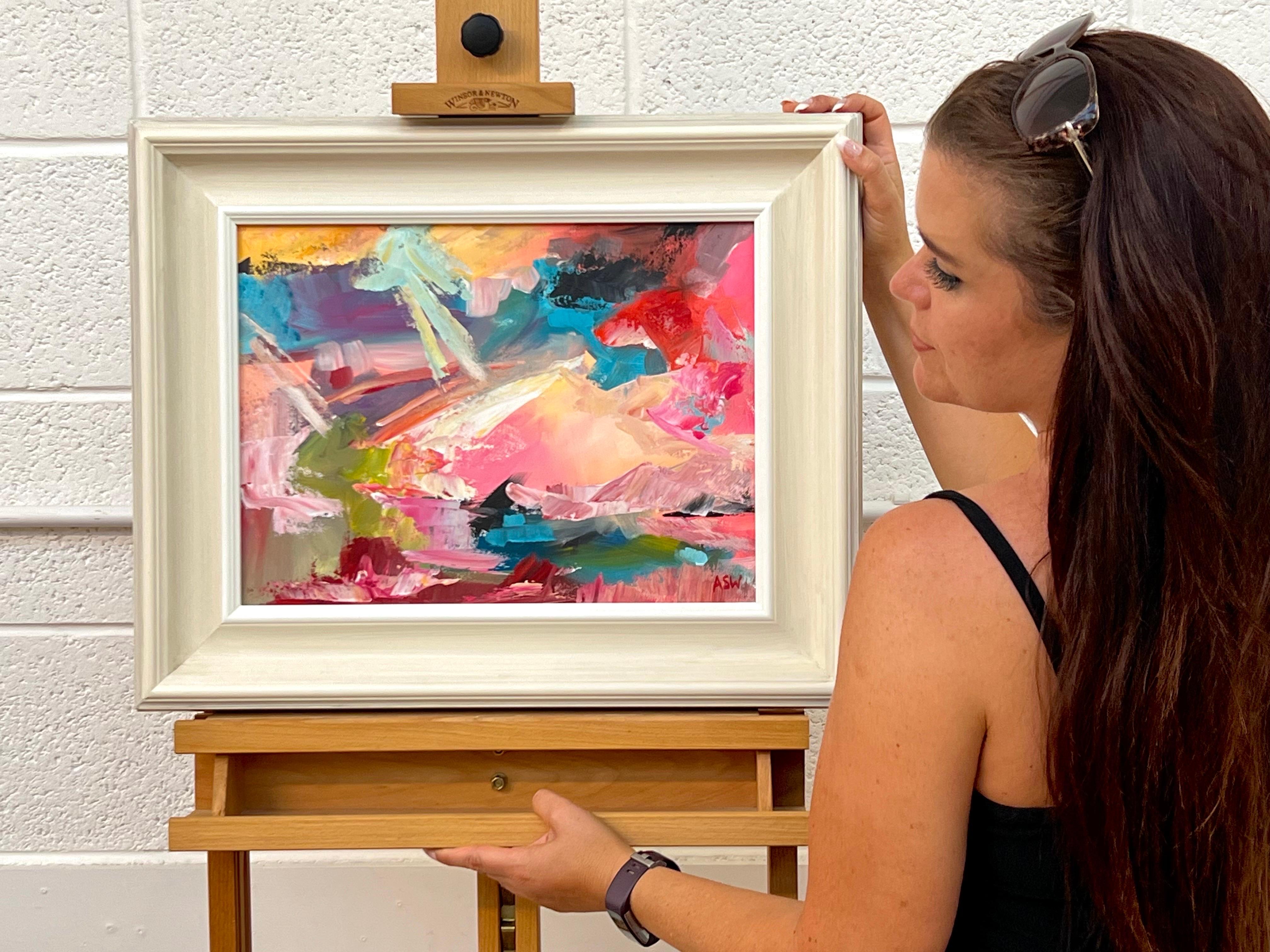 Pink & Turquoise Abstract Expressionist Painting by Contemporary British Artist - Green Landscape Painting by Angela Wakefield