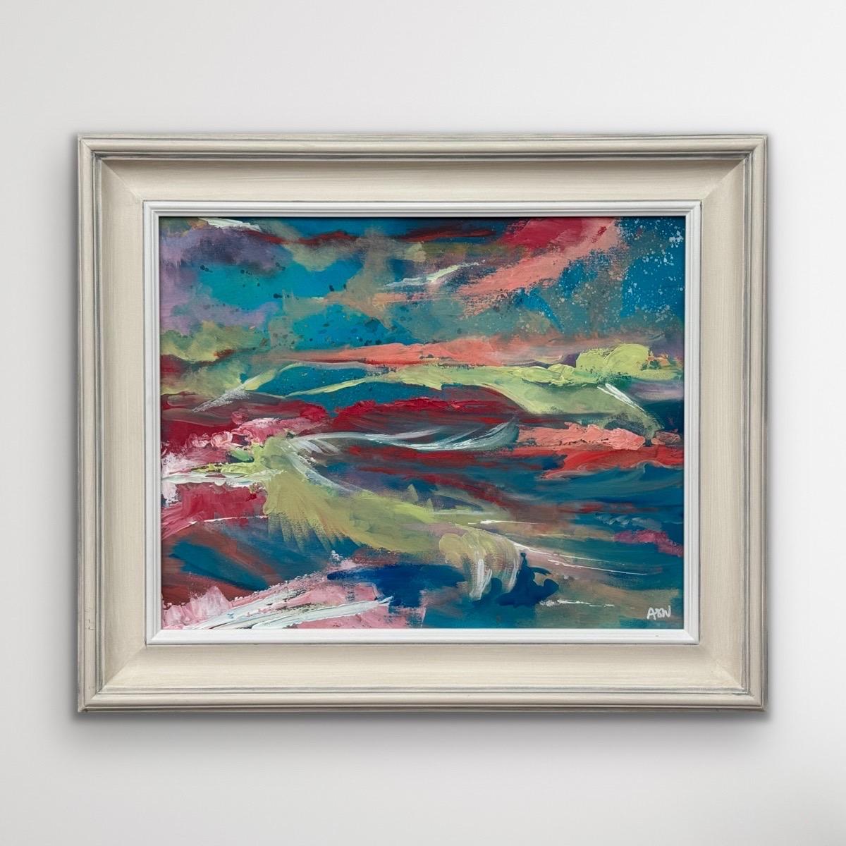 Pittura espressionista astratta rosa e turchese di un artista britannico contemporaneo - Painting di Angela Wakefield