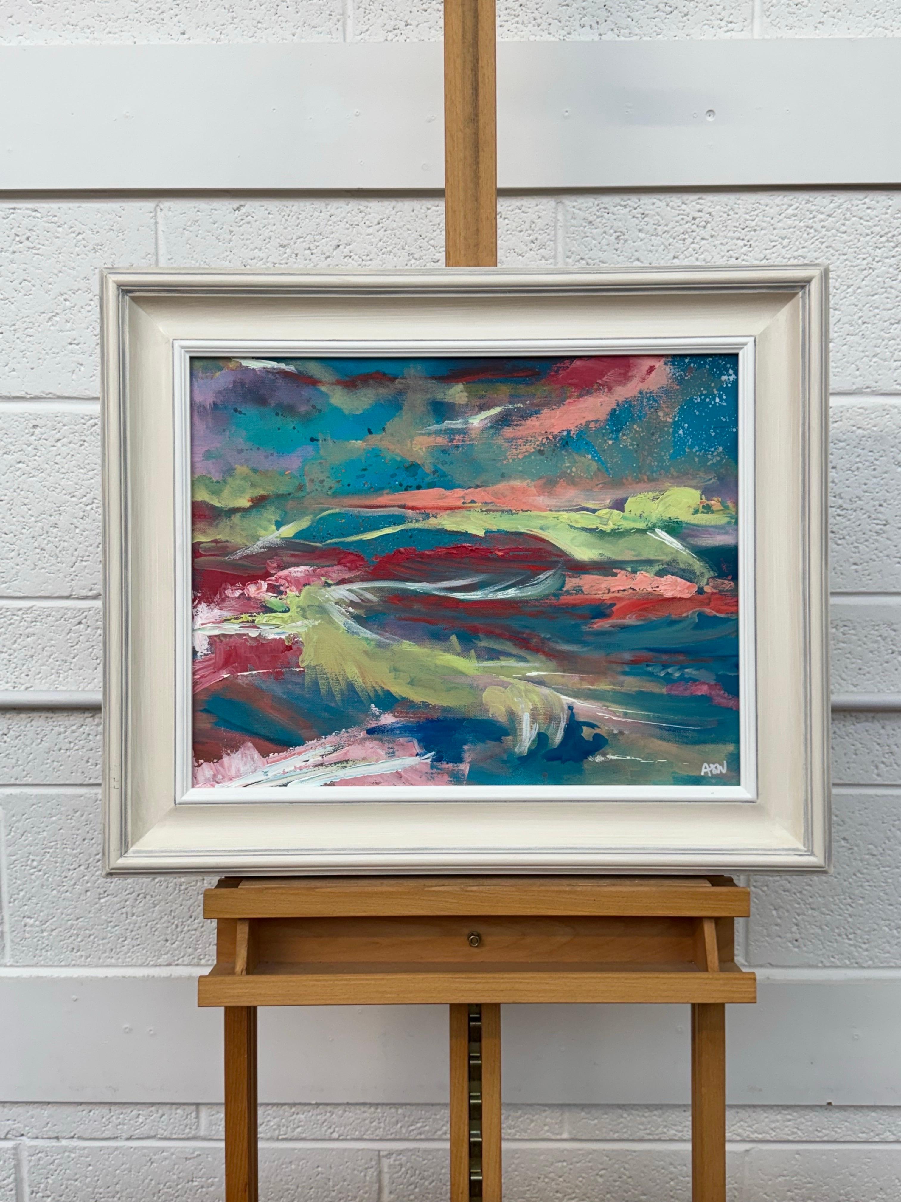 Pittura espressionista astratta rosa e turchese di un artista britannico contemporaneo - Abstract Painting Verde di Angela Wakefield