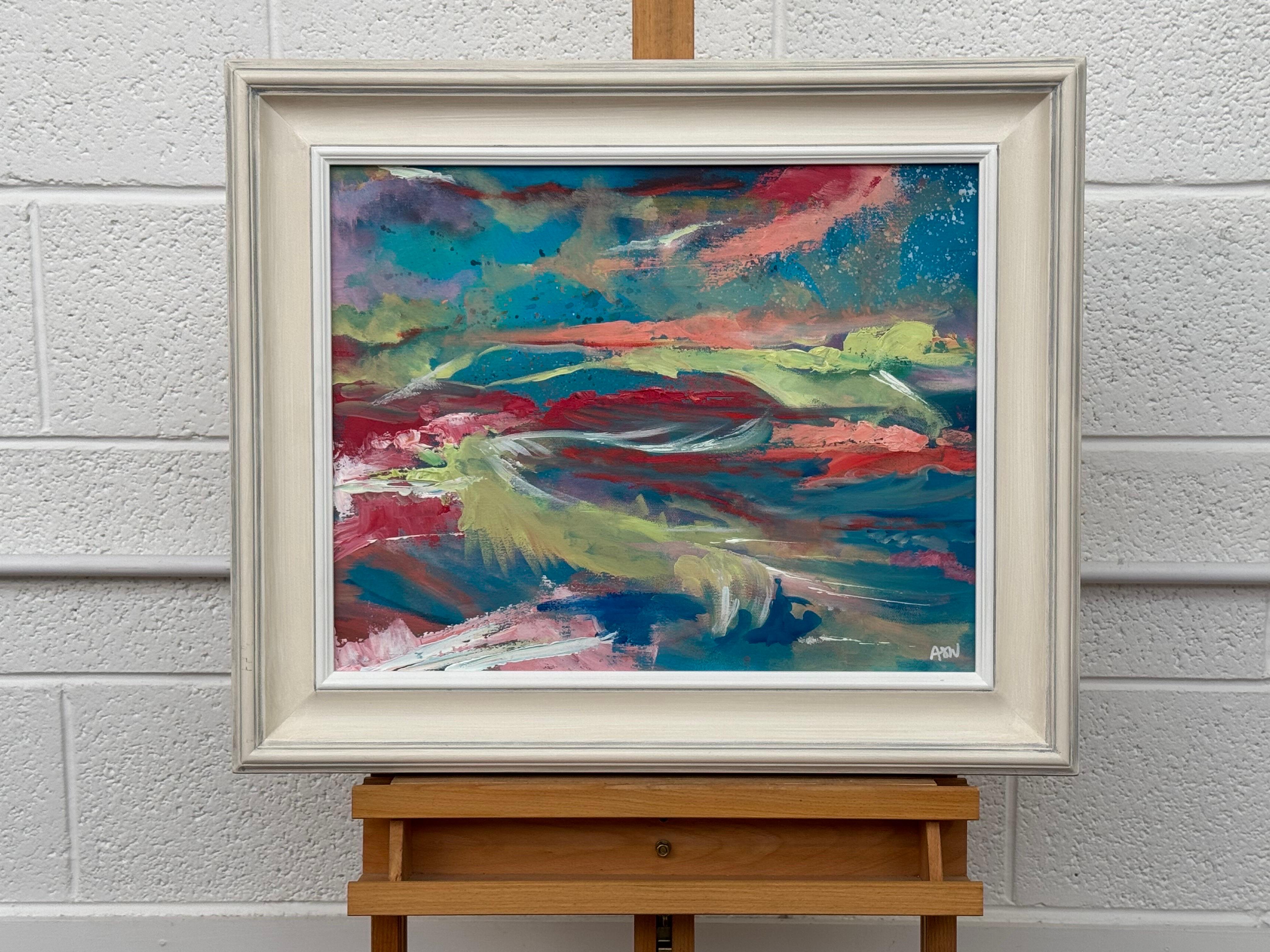 Pittura espressionista astratta rosa e turchese di un artista britannico contemporaneo in vendita 3