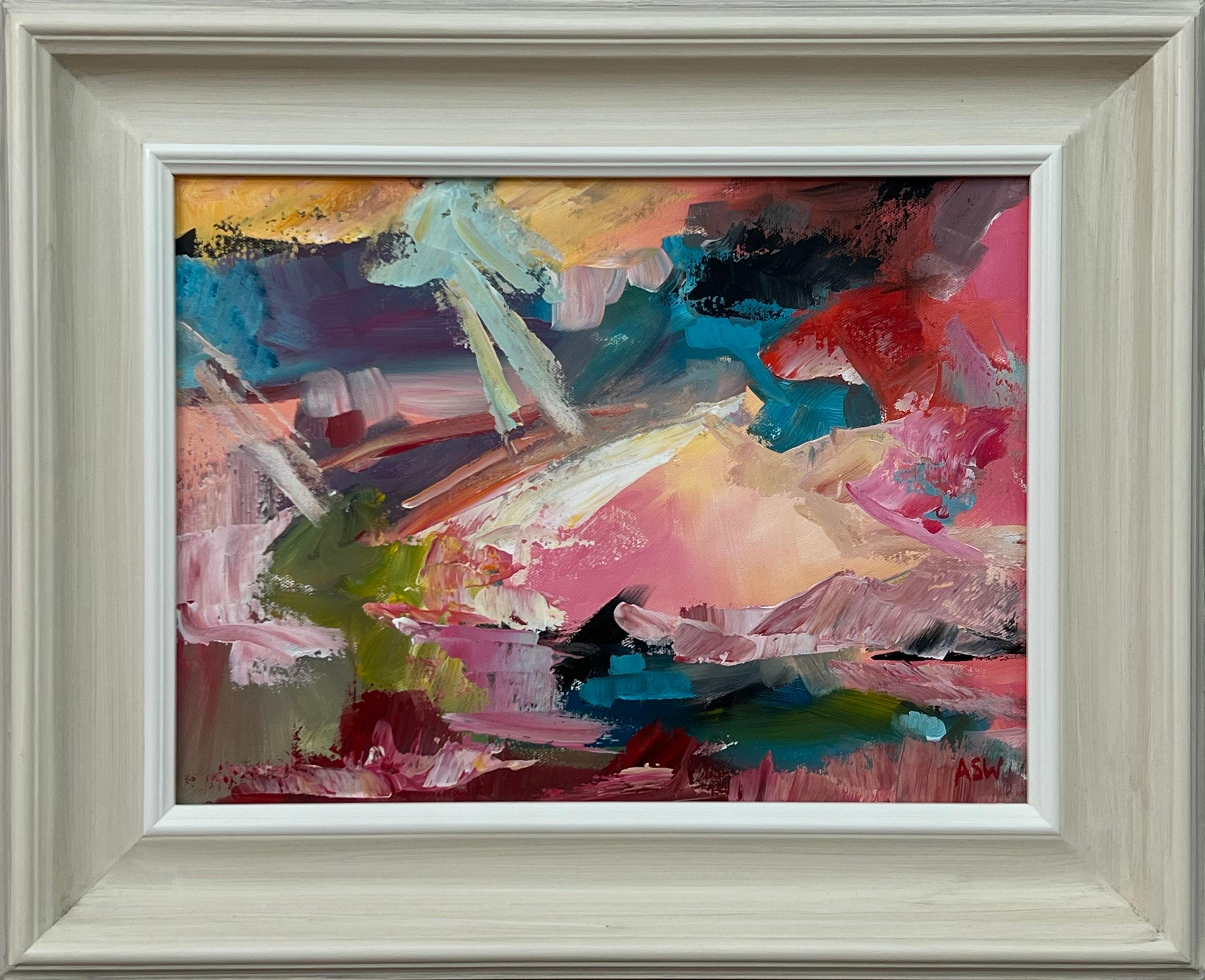 Angela Wakefield Landscape Painting - Pink & Turquoise Abstract Expressionist Painting by Contemporary British Artist