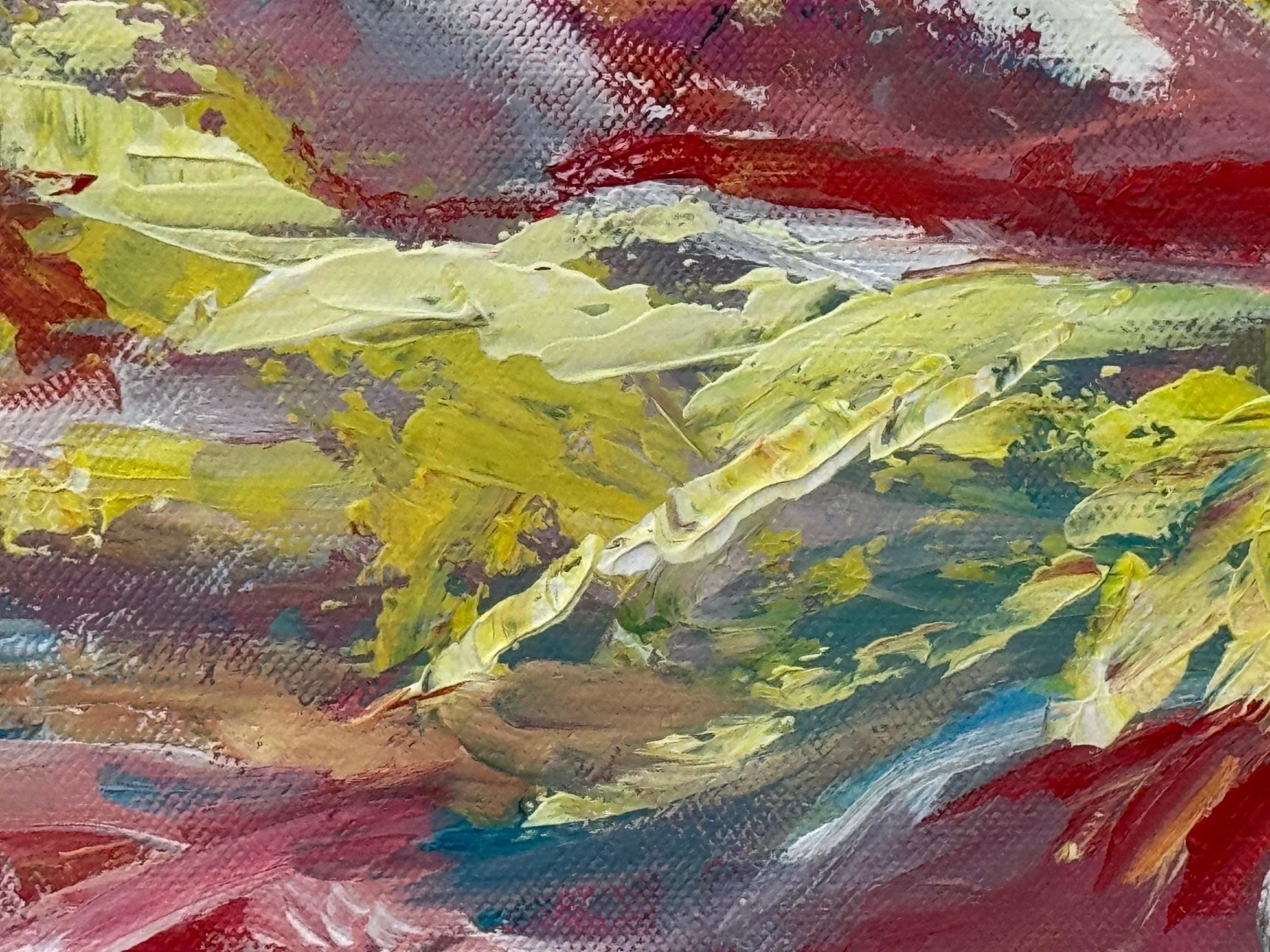 Rosa, giallo, rosso e blu, paesaggio astratto dell'artista britannico contemporaneo in vendita 8