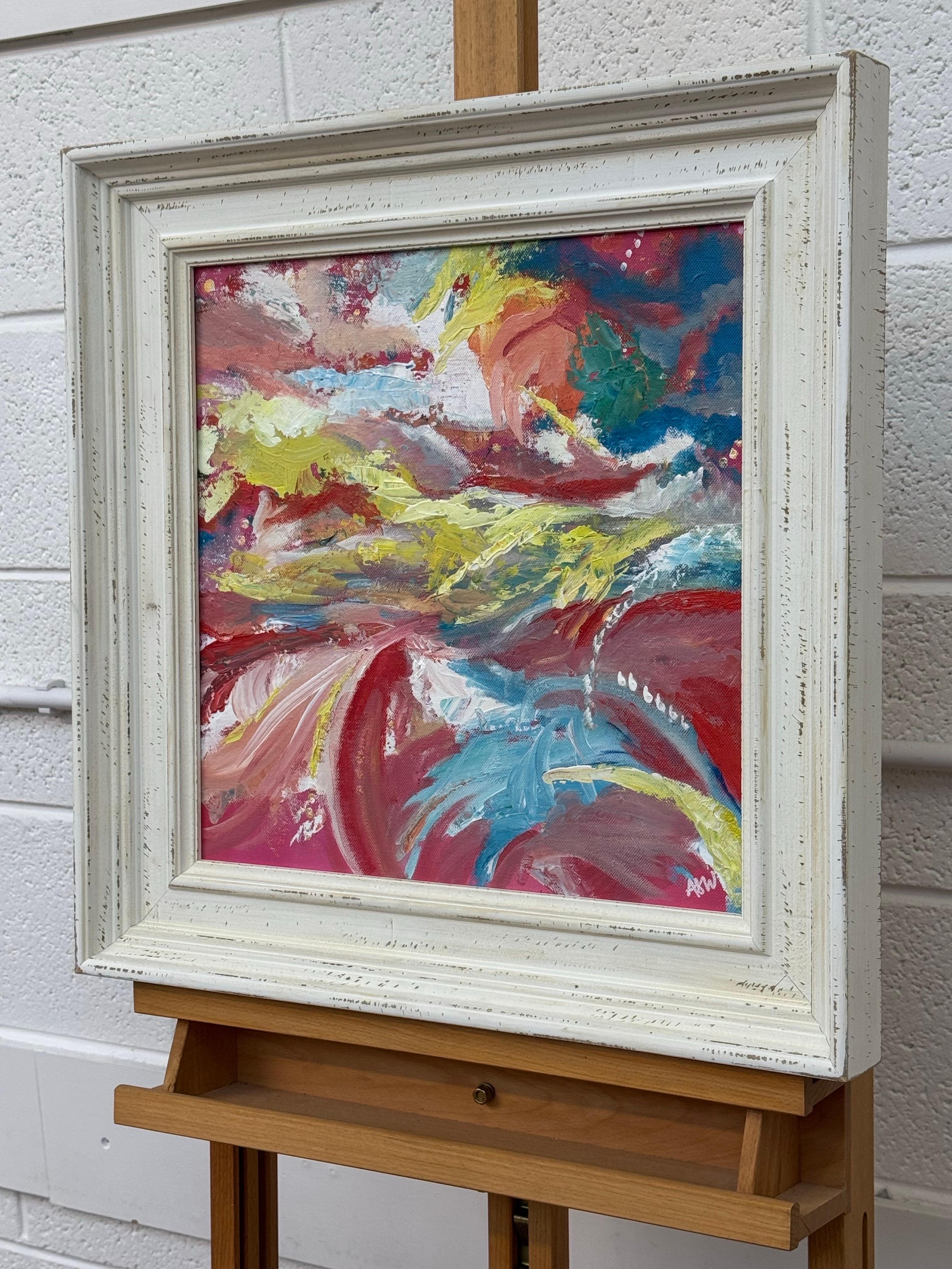 Rosa, giallo, rosso e blu, paesaggio astratto dell'artista britannico contemporaneo - Landscape Painting Marrone di Angela Wakefield