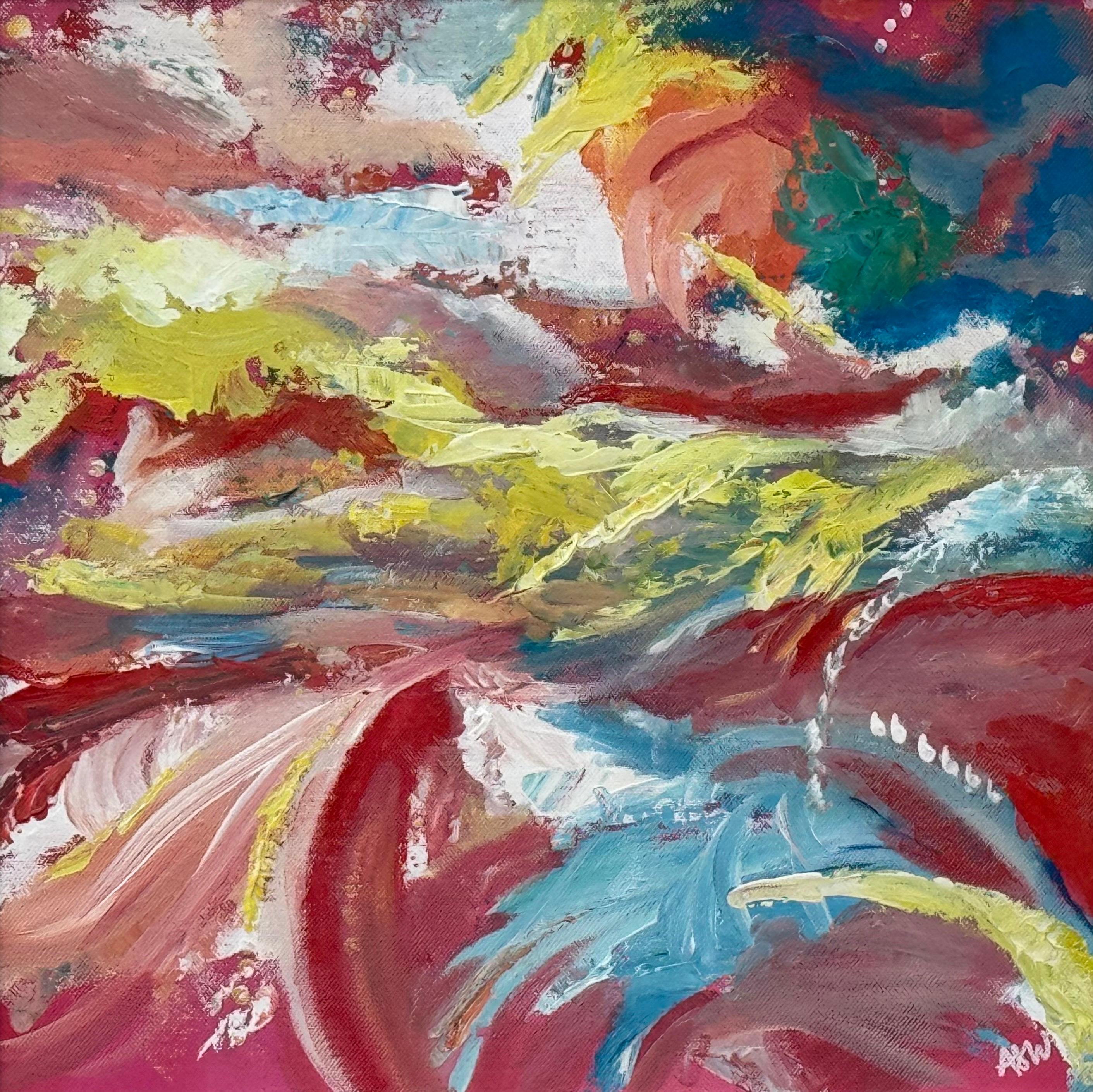 Rosa, giallo, rosso e blu, paesaggio astratto dell'artista britannico contemporaneo in vendita 1