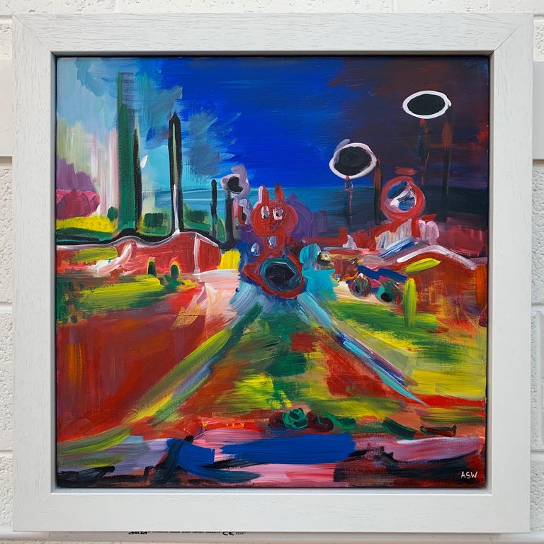 Psychedelic Abstract Landscape Painting of Urban City Scene by British Artist For Sale 1