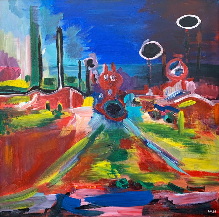 Psychedelic Abstract Landscape Painting of Urban City Scene by British Artist For Sale 4