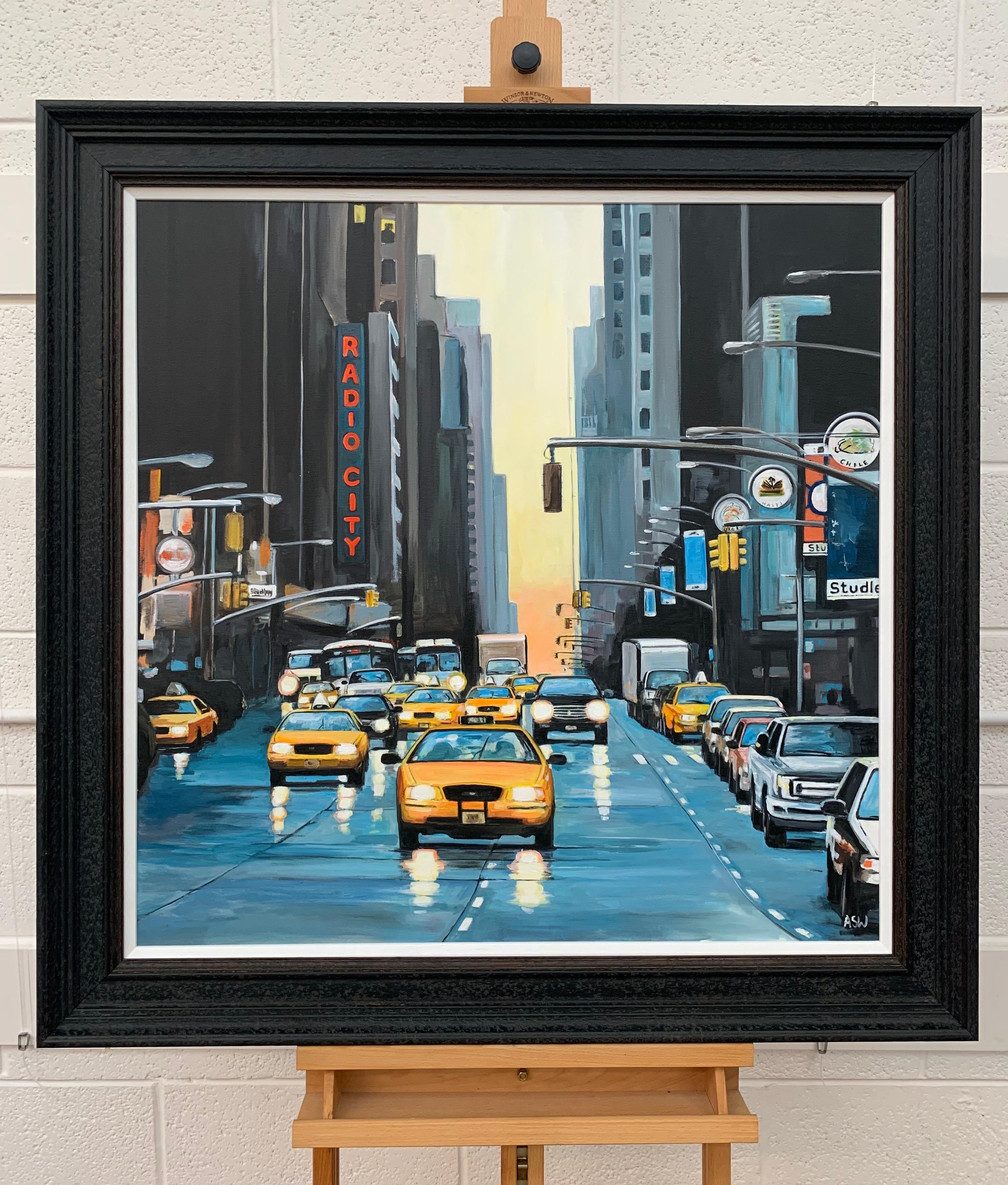 Radio City New York NYC Sunset by Contemporary British Urban Landscape Artist - Black Figurative Painting by Angela Wakefield