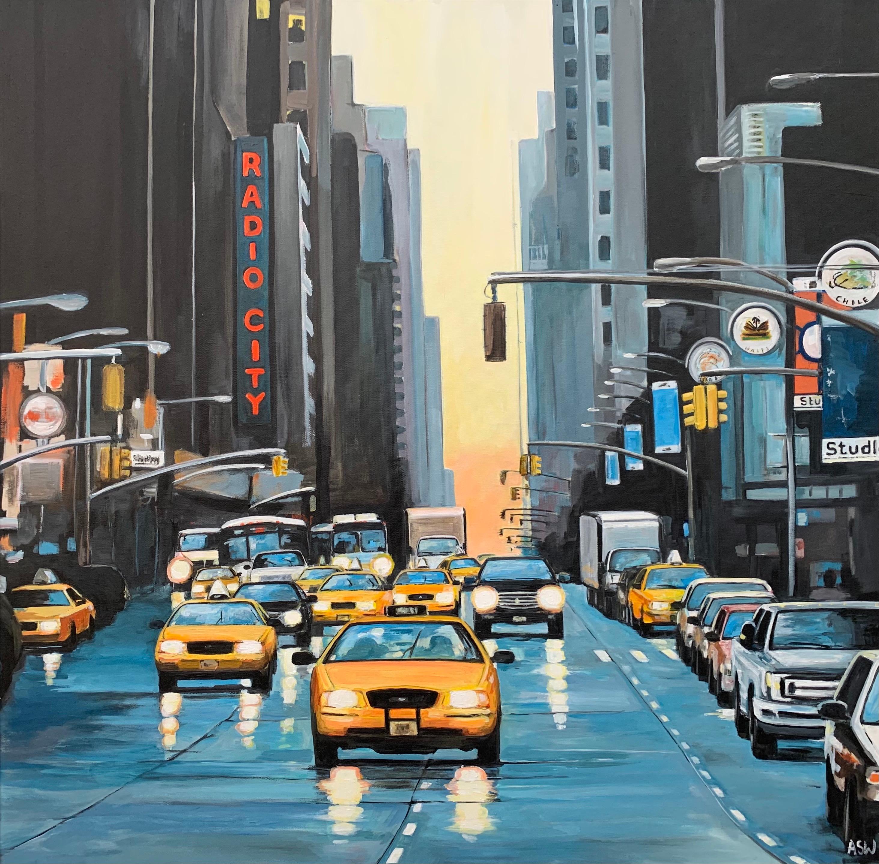 Radio City New York NYC Sunset by Contemporary British Urban Landscape Artist For Sale 1
