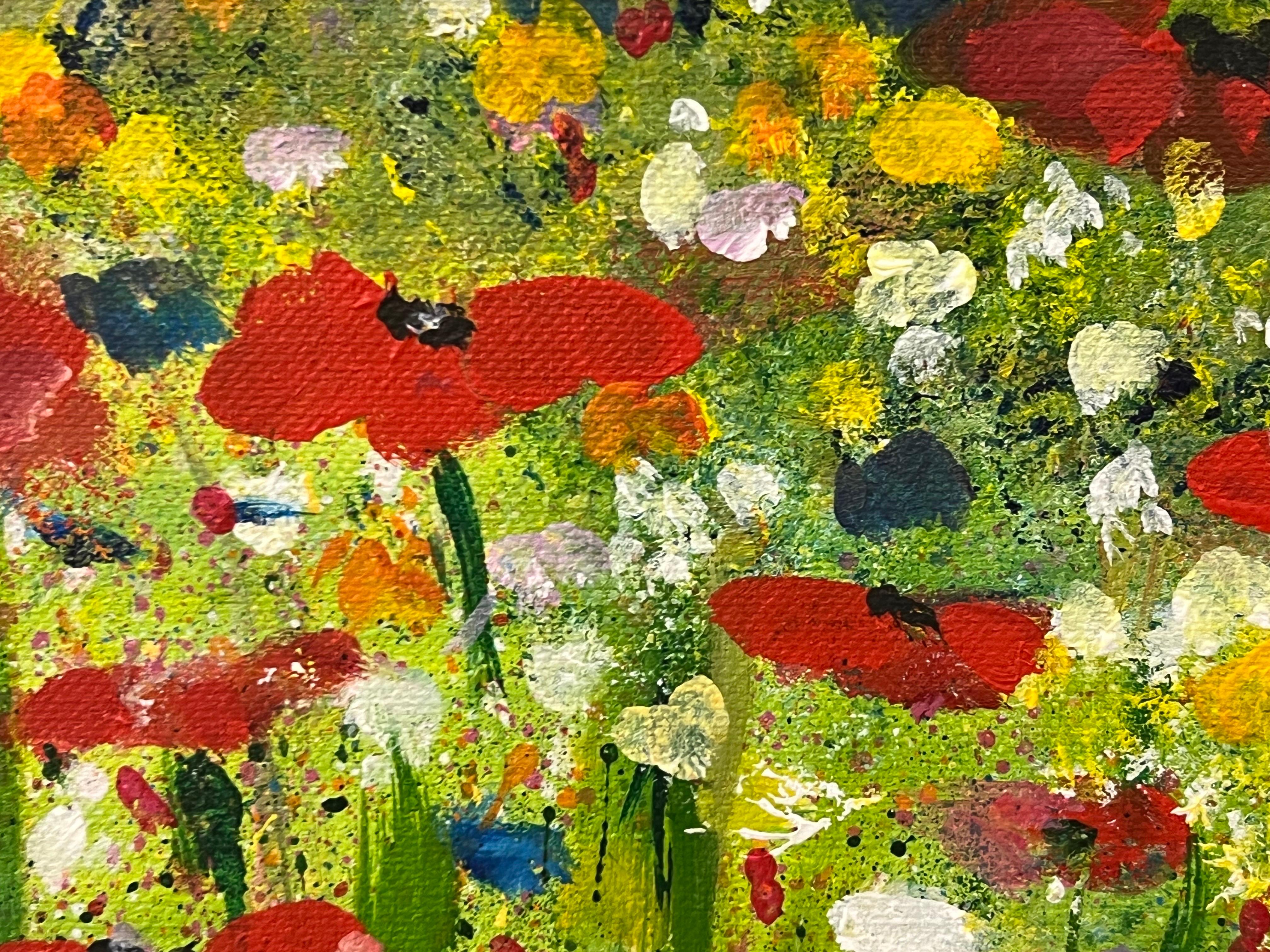 Red Poppy Flowers in a Wild Green Meadow with a Blue Sky by Contemporary Artist For Sale 6