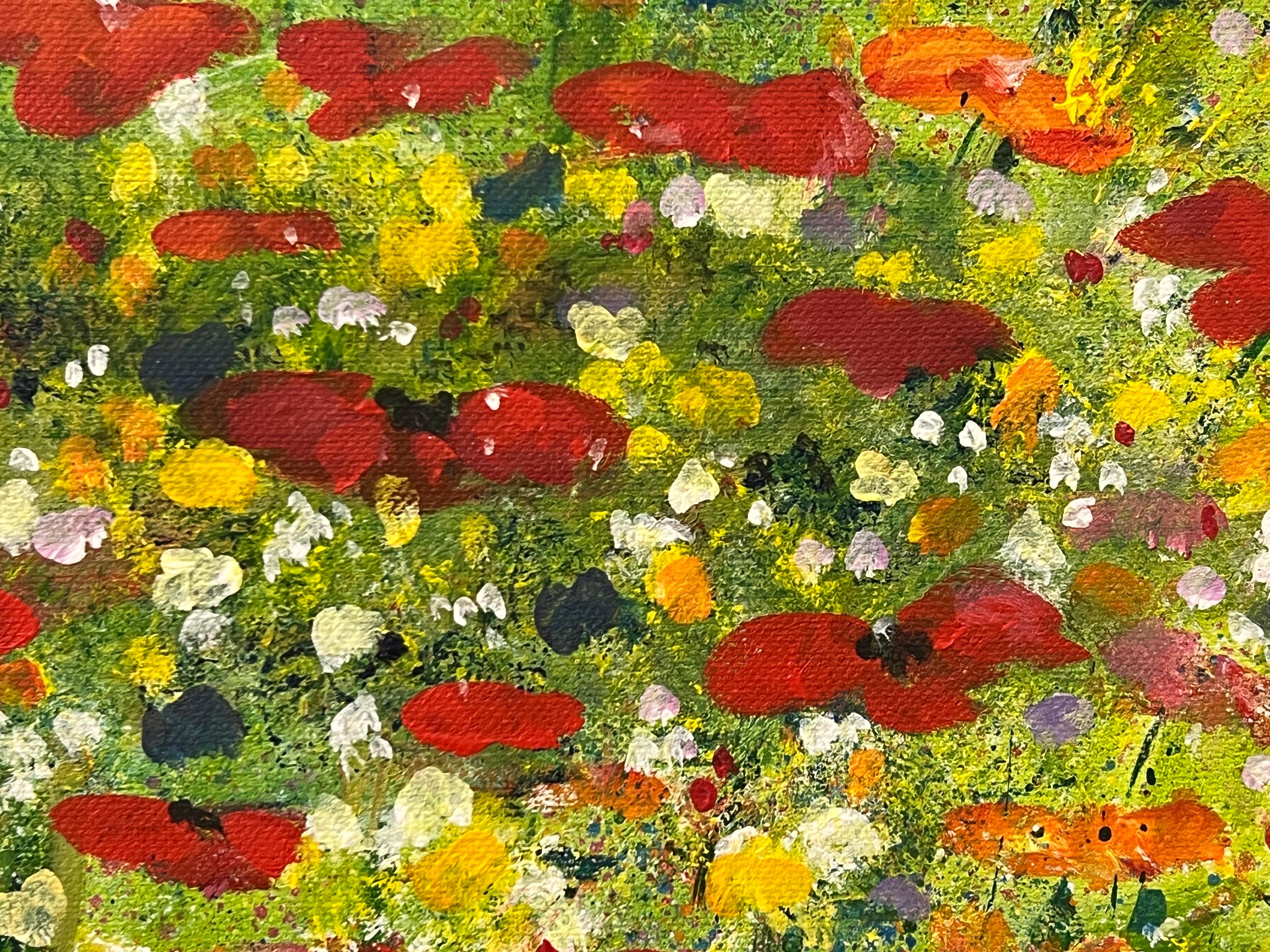 Red Poppy Flowers in a Wild Green Meadow with a Blue Sky by Contemporary Artist For Sale 8
