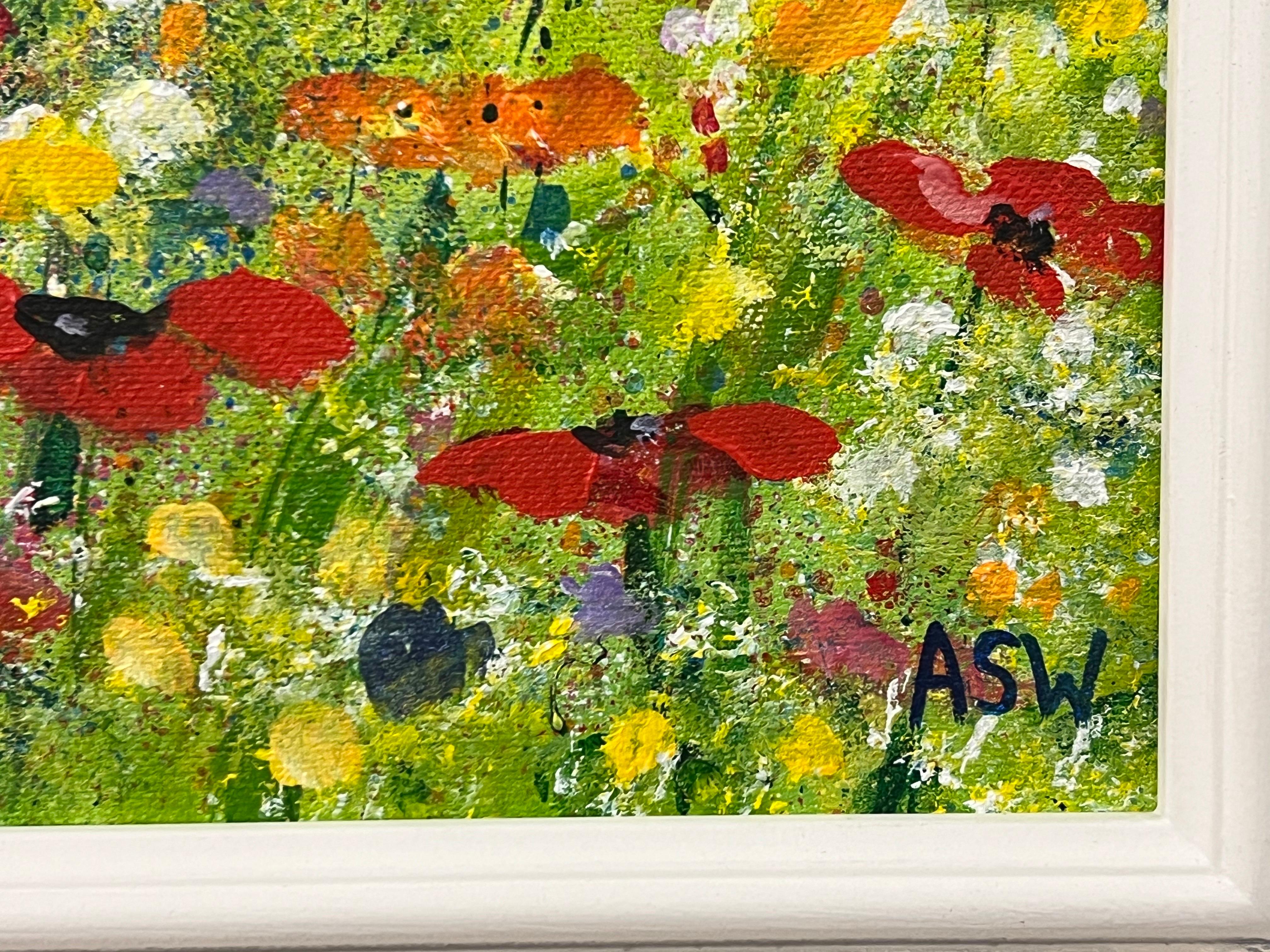 Red Poppy Flowers in a Wild Green Meadow with a Blue Sky by Contemporary Artist For Sale 9