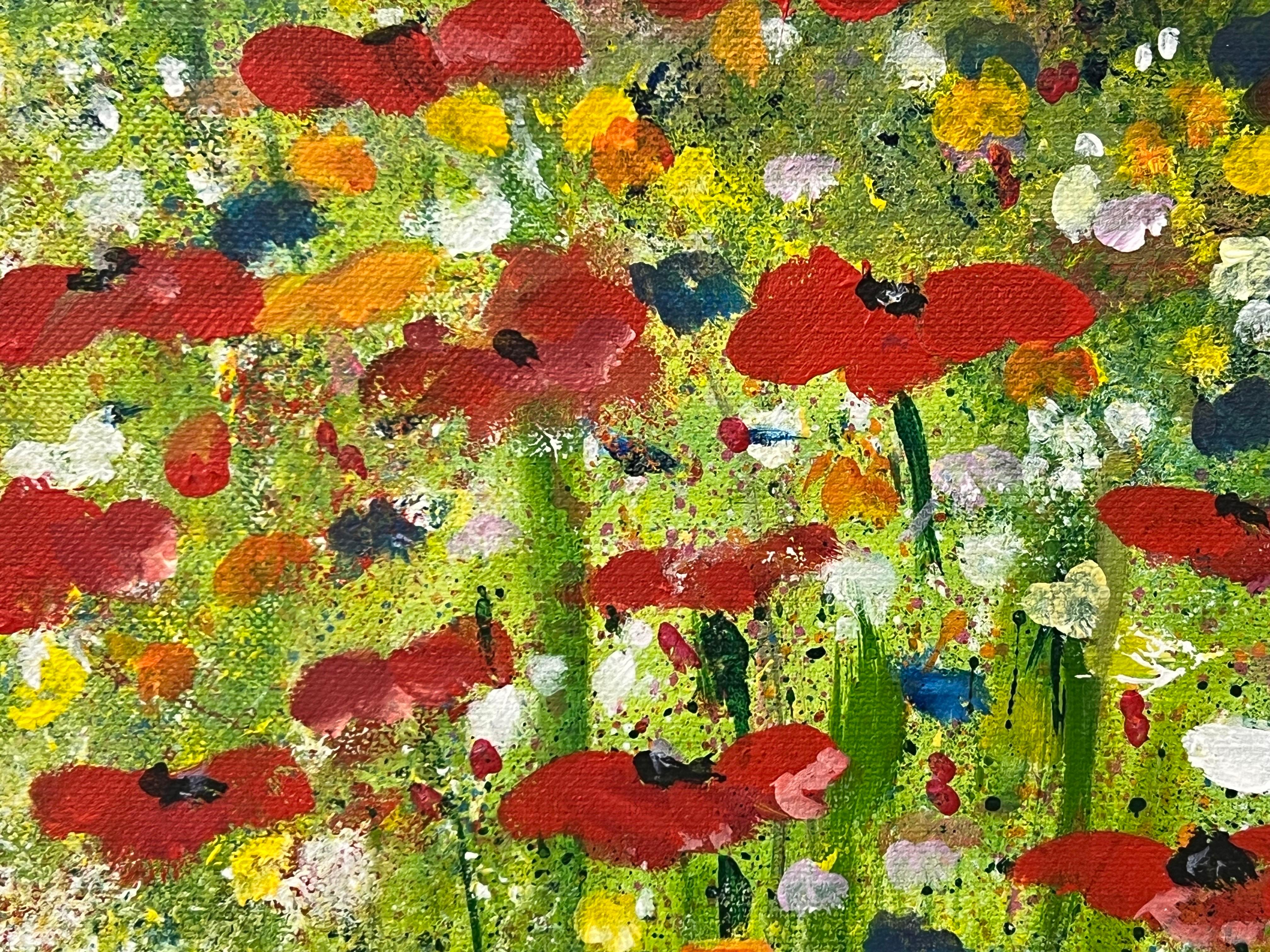 Red Poppy Flowers in a Wild Green Meadow with a Blue Sky by Contemporary Artist For Sale 10