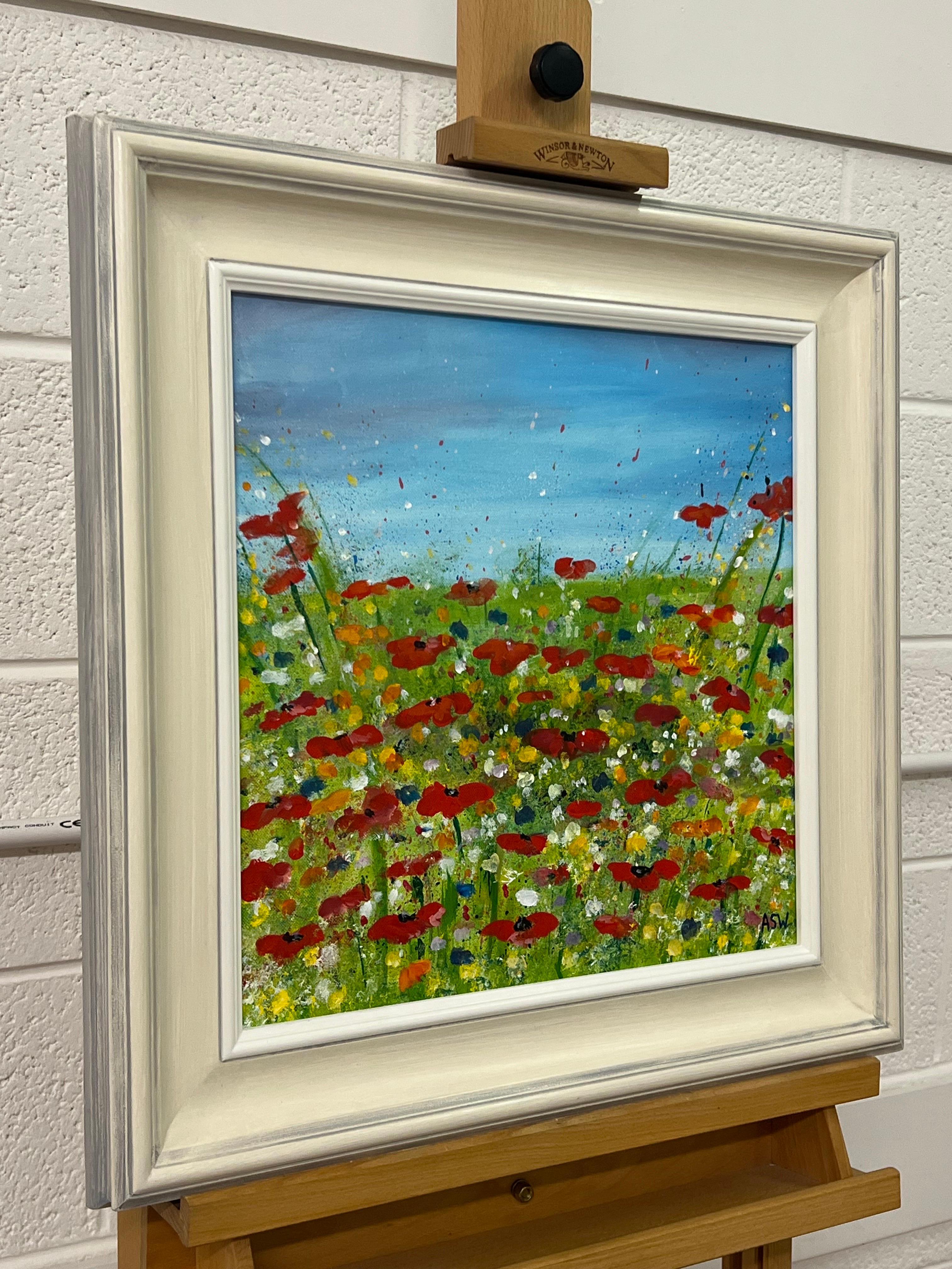 Red Poppy Flowers in a Wild Green Meadow with a Blue Sky by Contemporary Artist - Painting by Angela Wakefield