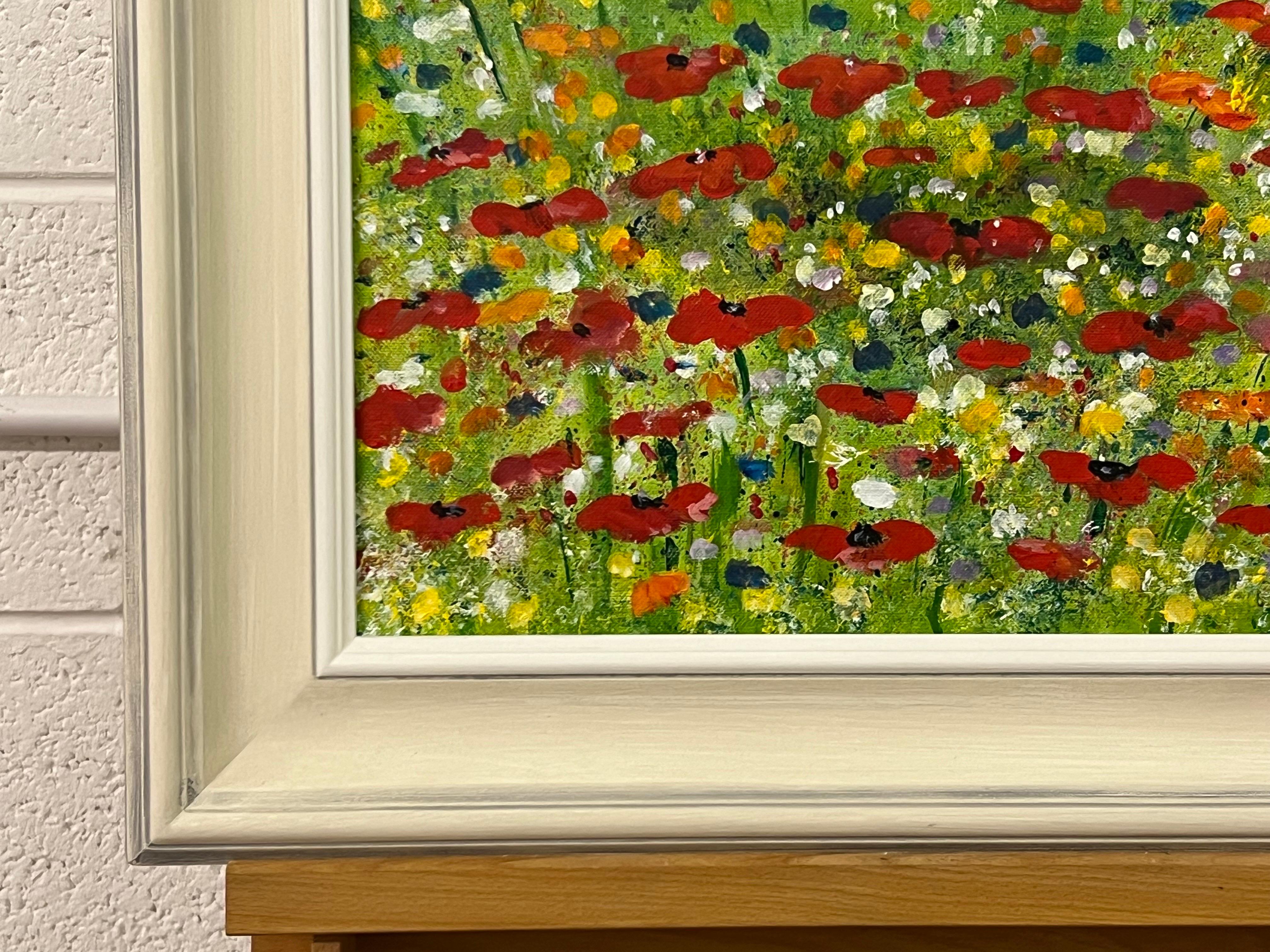 Red Poppy Flowers in a Wild Green Meadow with a Blue Sky by Contemporary Artist For Sale 2