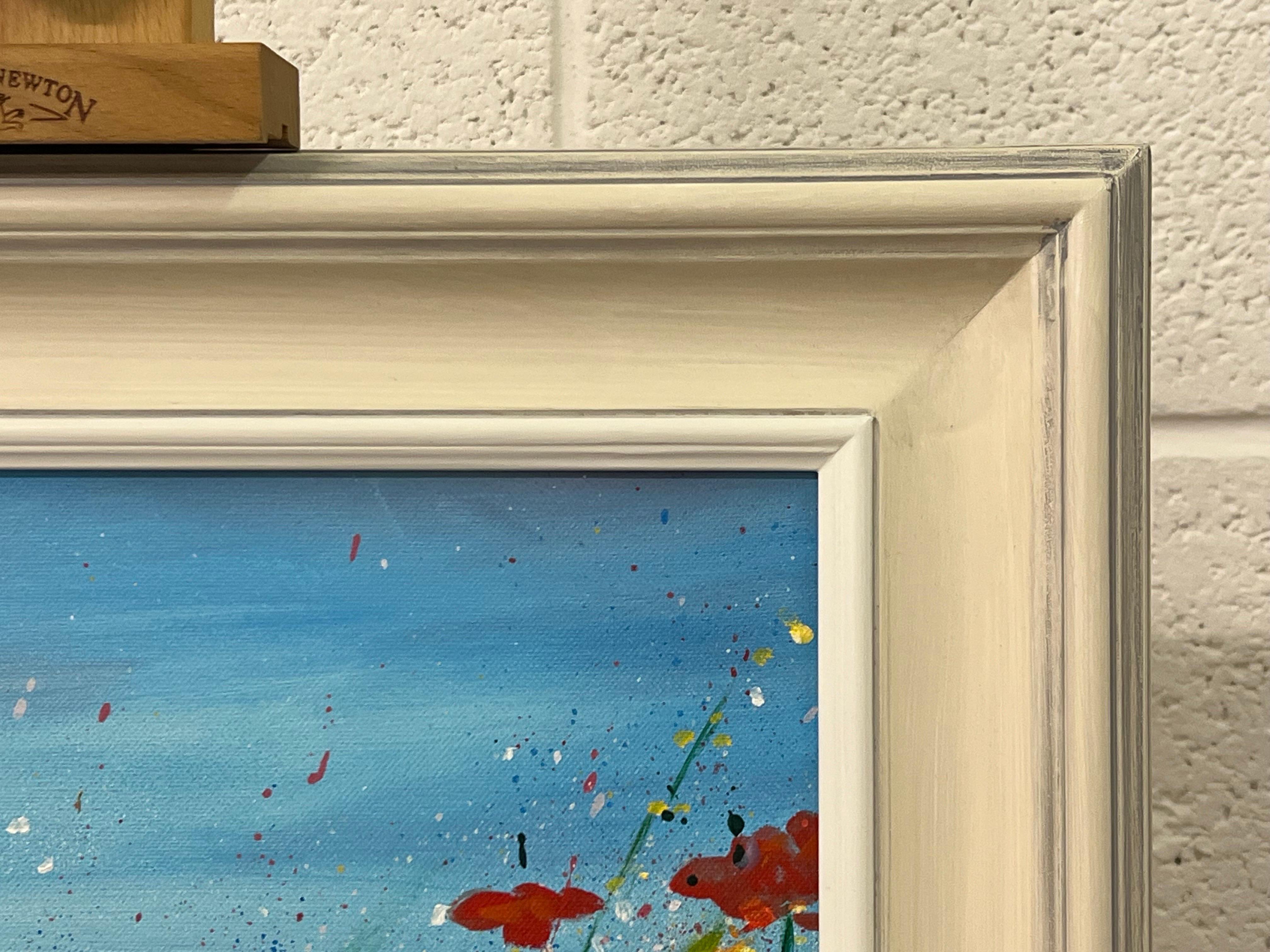 Red Poppy Flowers in a Wild Green Meadow with a Blue Sky by Contemporary Artist For Sale 4