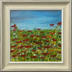 Fleurs de coquelicots rouges dans une prairie verte sauvage avec un ciel bleu par un artiste contemporain