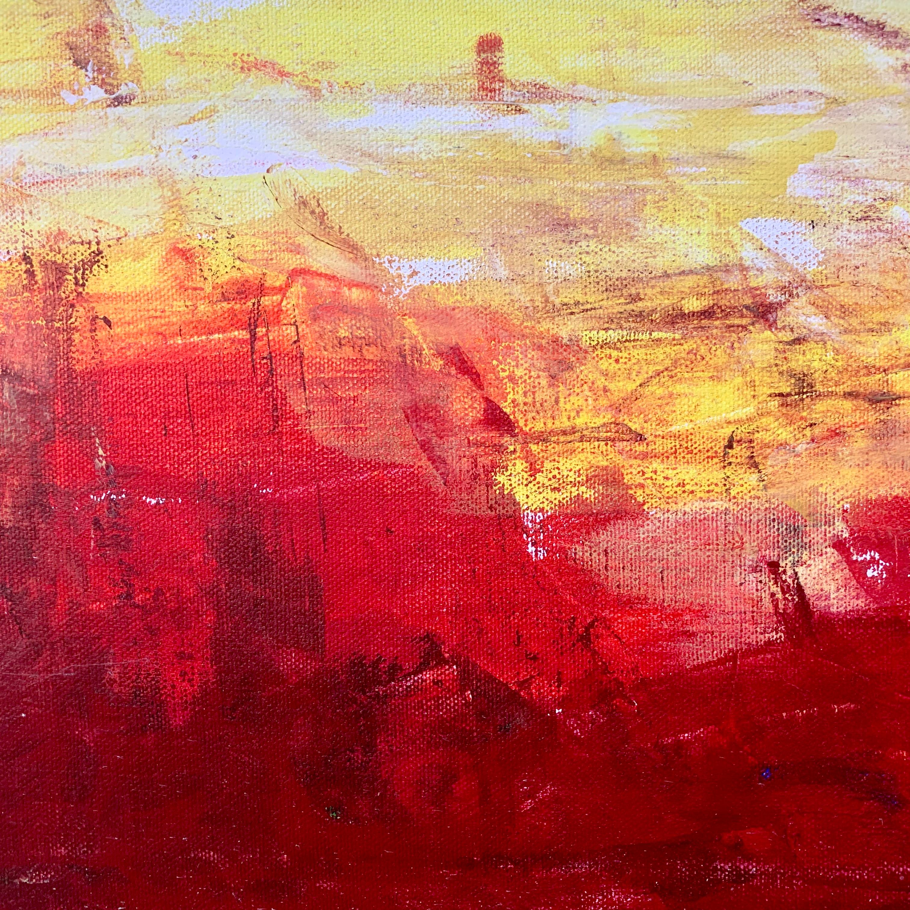 Red & Yellow Abstract Expressionist Landscape Painting by British Urban Artist For Sale 4
