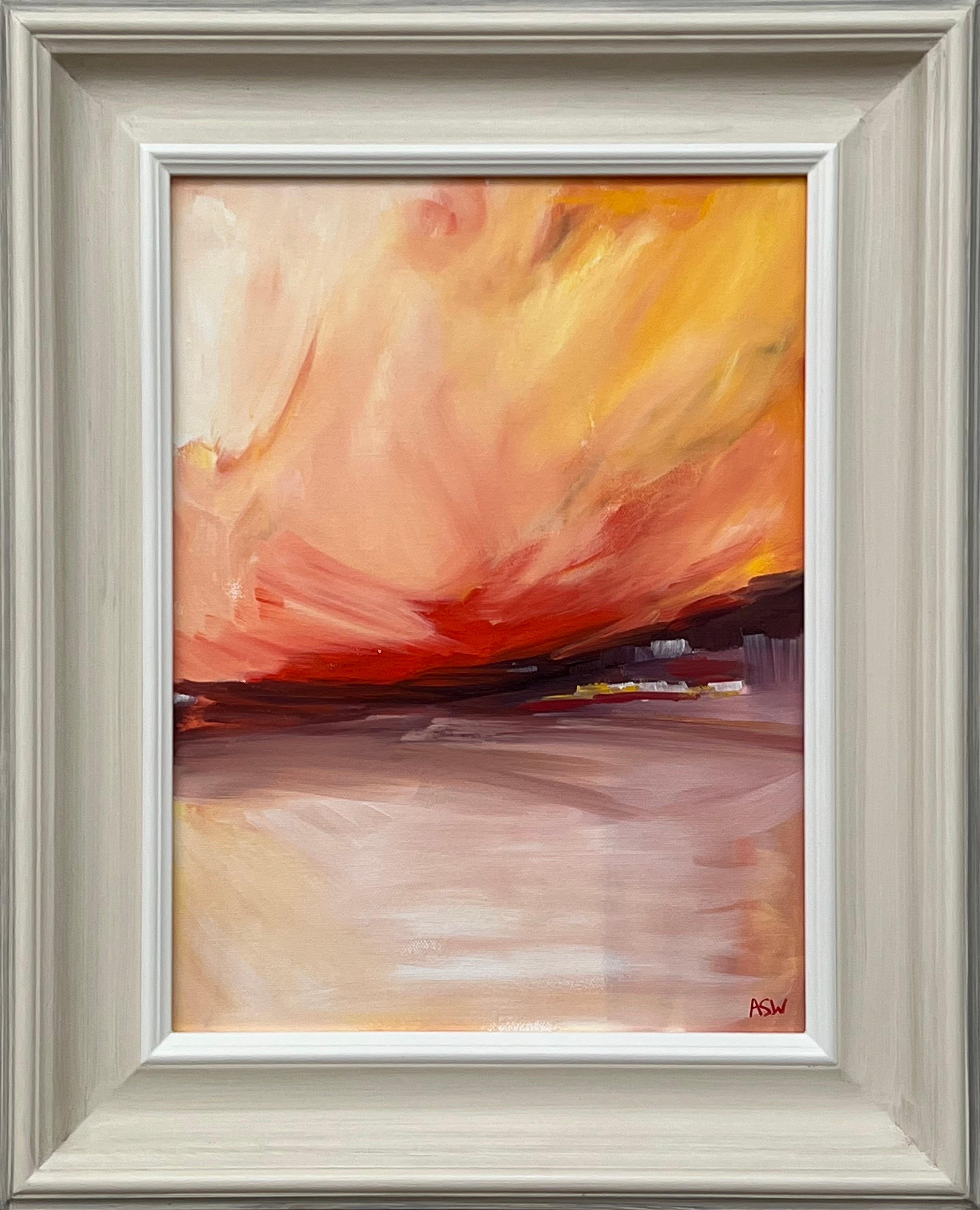 Rot-gelbe abstrakte impressionistische Landschaft eines zeitgenössischen britischen Künstlers