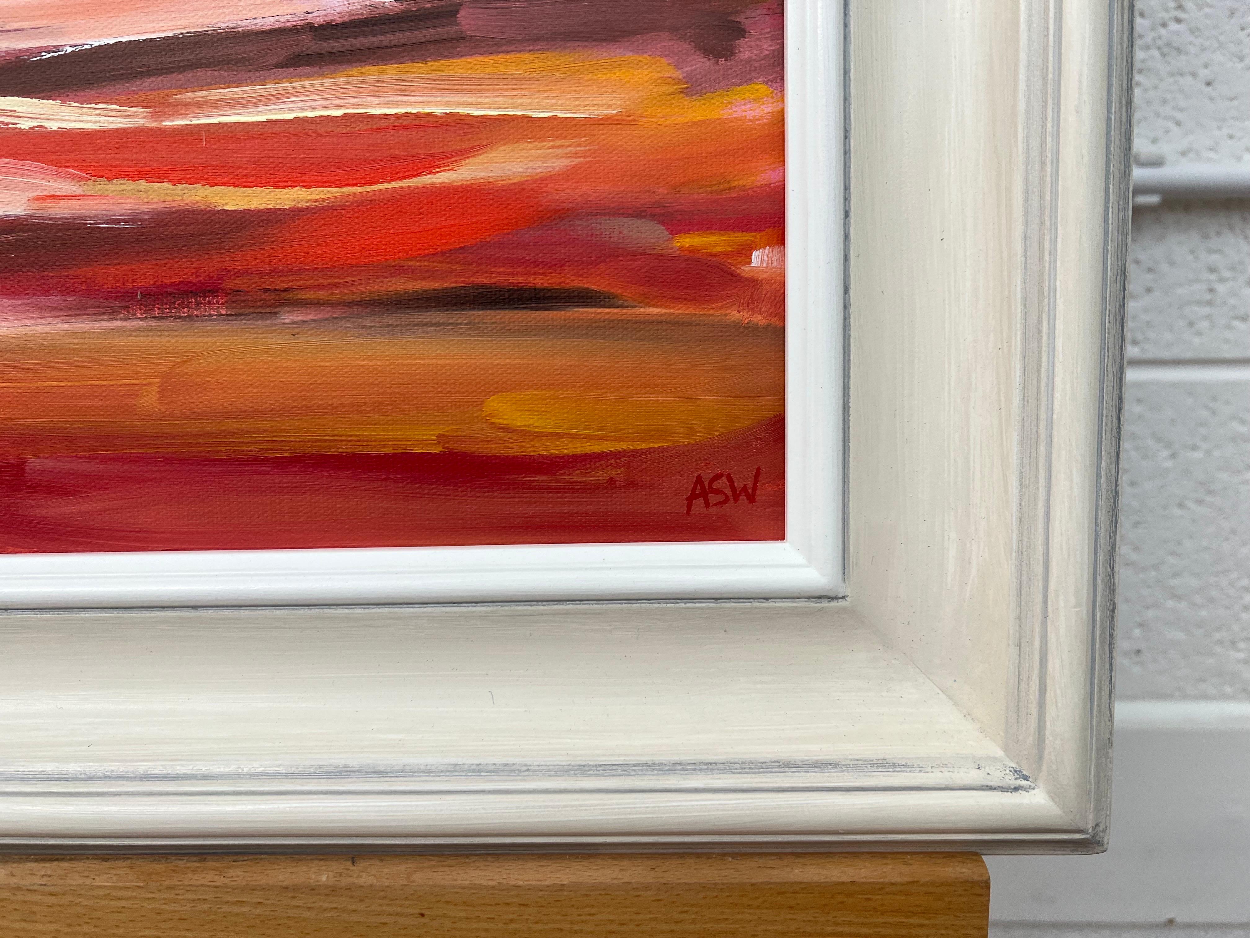Red & Yellow Abstract Impressionist Seascape Landscape by Contemporary British Artist, Angela Wakefield. This atmospheric original painting depicts forms part of a new body of work based on human emotions, and explores the boundaries between