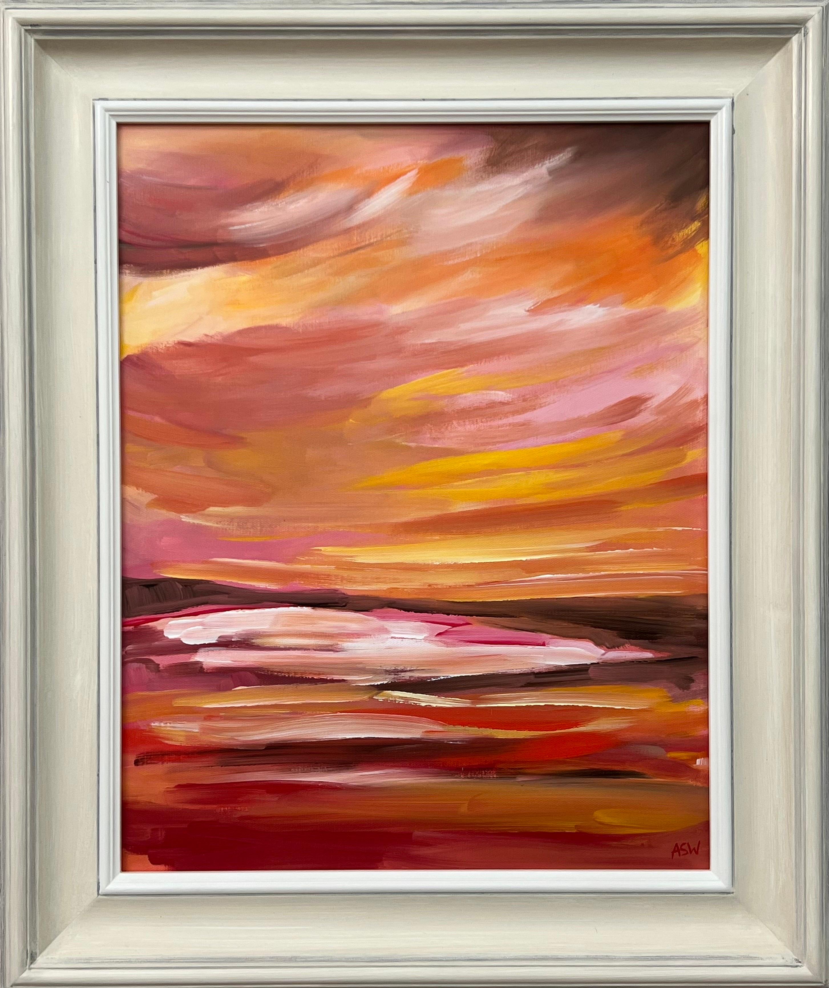 Angela Wakefield Abstract Painting - Red & Yellow Abstract Impressionist Seascape Landscape by Contemporary Artist