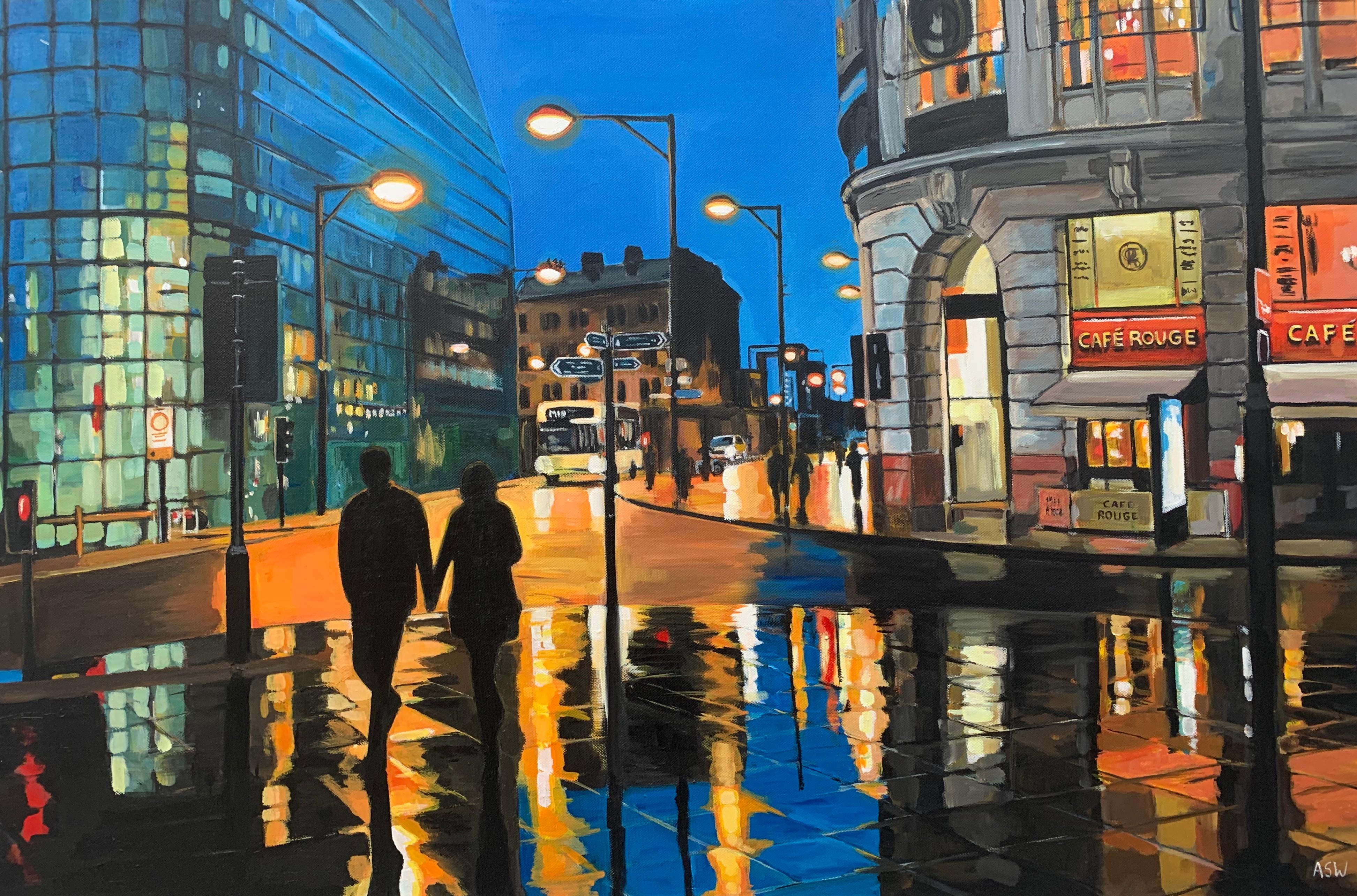 Reflections in the Rain Manchester City Street Scene England by British Artist - Contemporary Painting by Angela Wakefield