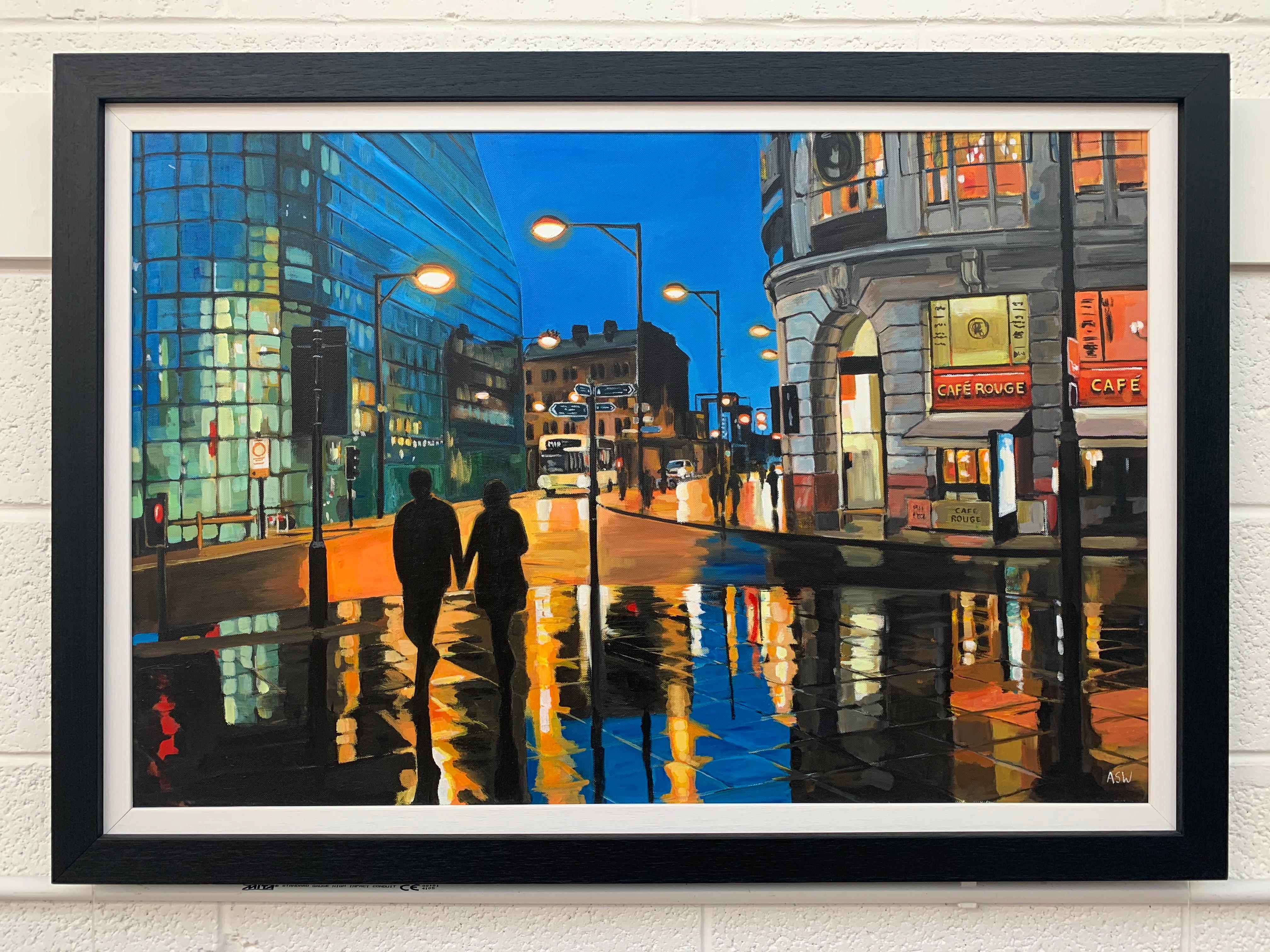 Reflections in the Rain Manchester City Street Scene England by British Artist 1